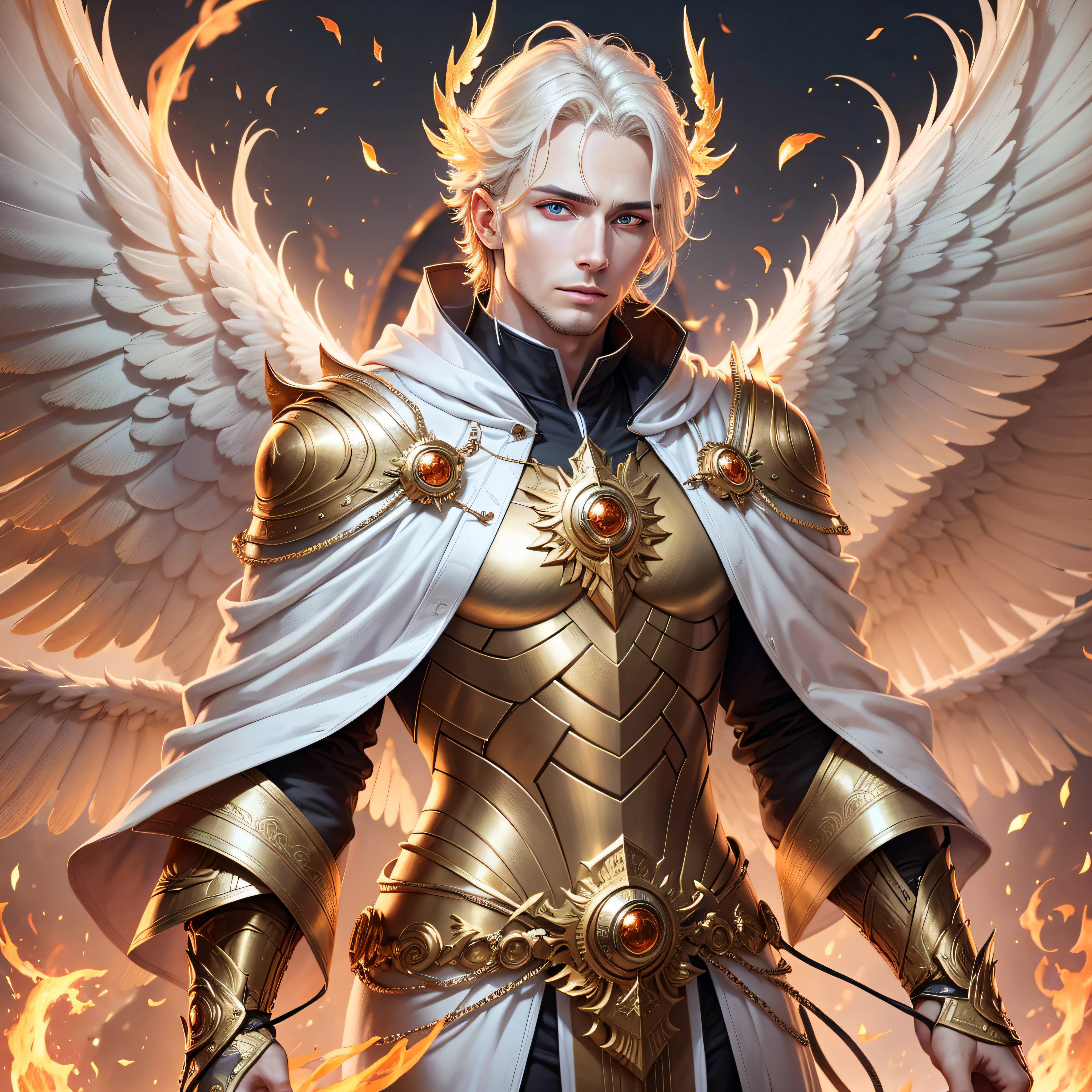a male angels standing ,bright florecente golden eyes,highlight in eyes,fire wings,realism,realistic detailed utra skin,8k,real skin,highlighted eyes,masculid face,serious face,body with white robes --auto --s2