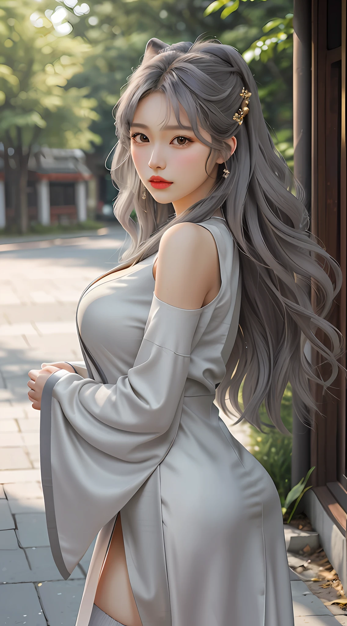 extremely detailed CG unity 8k wallpaper,(masterpiece),(best quality),(ultra detailed),(ultra realistic),(Best character details:1.36),nikon d750 f/1.4 55mm,dynamic angle,professional lighting, photon mapping, radiosity, physically-based rendering, outdoors,busy street,looking at viewer,blush, 1girl,mature female,milf,tall body,golden proportions,(Kpop idol),(shiny skin:1.2),(oil skin:1.1),makeup,[:(high detailed face:1.2):0.2]:,PureErosFace_v1, ((wavy gray hair and a sophisticated sense of style)),(aegyo sal:1),(puffy eyes),(eyelashes:1.1),(parted lips:1.1),red lipstick,wide shoulders,(medium breasts:1.1),(cleavage:1.1),animal ears,(big ass:1.2),thighhighs, Hanfu, tang, Tang Dynasty, Tang clothing