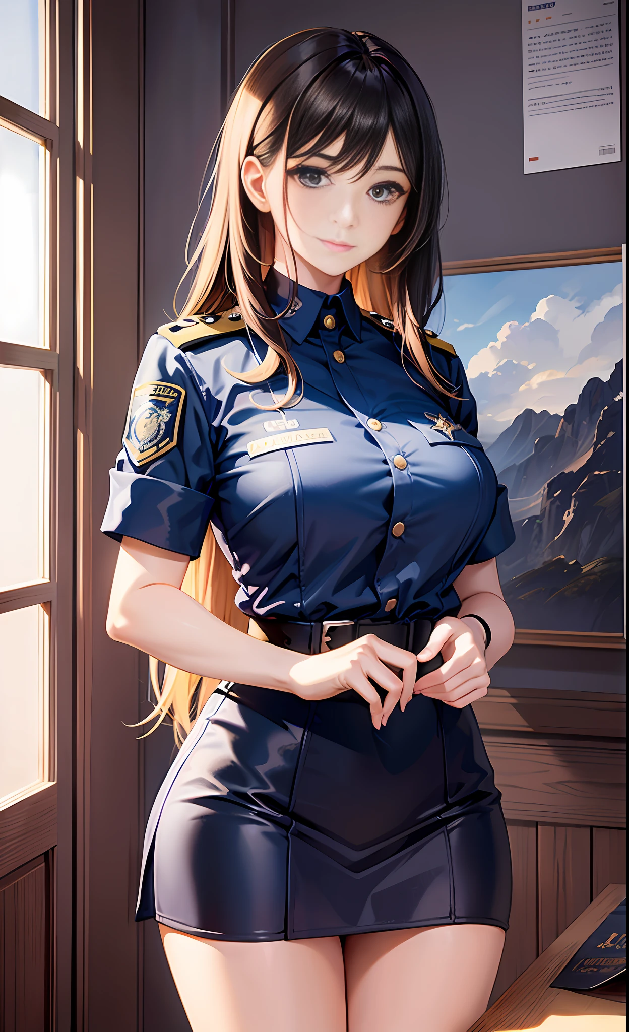 1 policewoman, standing in the conference room with two slips in her hand, calm expression, charming eyes, straight hair, solemn police uniform, calm posture, porcelain-like skin, subtle blush, (edge lighting): 1.2, warm colors, sun flares, soft shadows, bright colors, painting effects, super detailed, official art, unified 8k wallpaper, zentangle, mandala