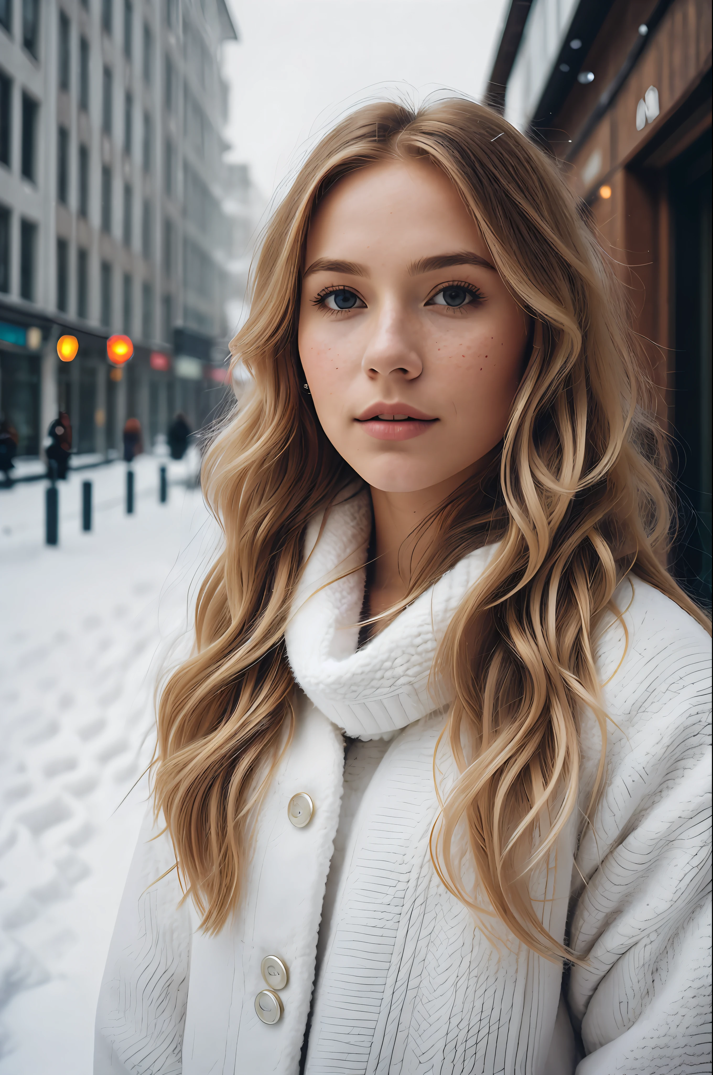 Selfie of a beautiful Norwegian woman in winter clothes with long wavy blonde hair, (( flirty look)), freckles, beautiful symmetrical face, beautiful natural makeup, ((standing outside on the snowy city street)), stunning modern urban environment of luxury, ultra realistic, conceptual art, elegant, highly detailed, intricate, sharp focus, depth of field, f/1. 8, 85mm, medium shot, medium shot, (centered image composition), (professionally sorted by color), (((bright soft diffused light)), volumetric fog, instagram trend, tumblr trend, hdr 4k, 8k