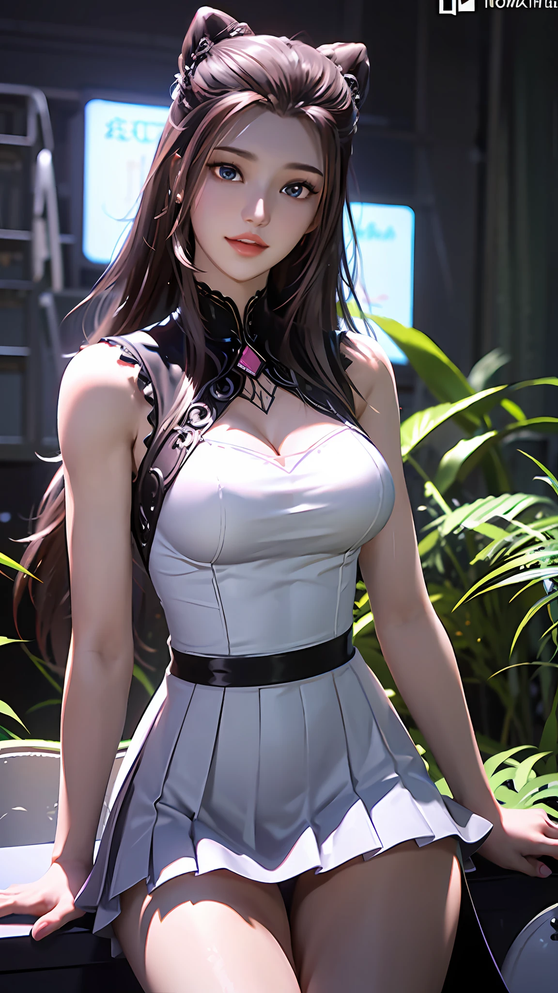 ((Dark Light, Top Quality, 8K, Masterpiece: 1.3)), (Focus: 1.2), (In Chinese, Casual Theme, Indoor: 1.5), (Beauty & Slim Abs: 1.4), ((Layered Hairstyle)), (White Shirt: 1.6), (White Lace Short Skirt: 1.3), Highly Detailed Face and Skin Texture, Whitening Skin, (Full Body: 1.4), White Clothes, Security, Water Element, Dark Forest, Night, Spooky and Contrasting
