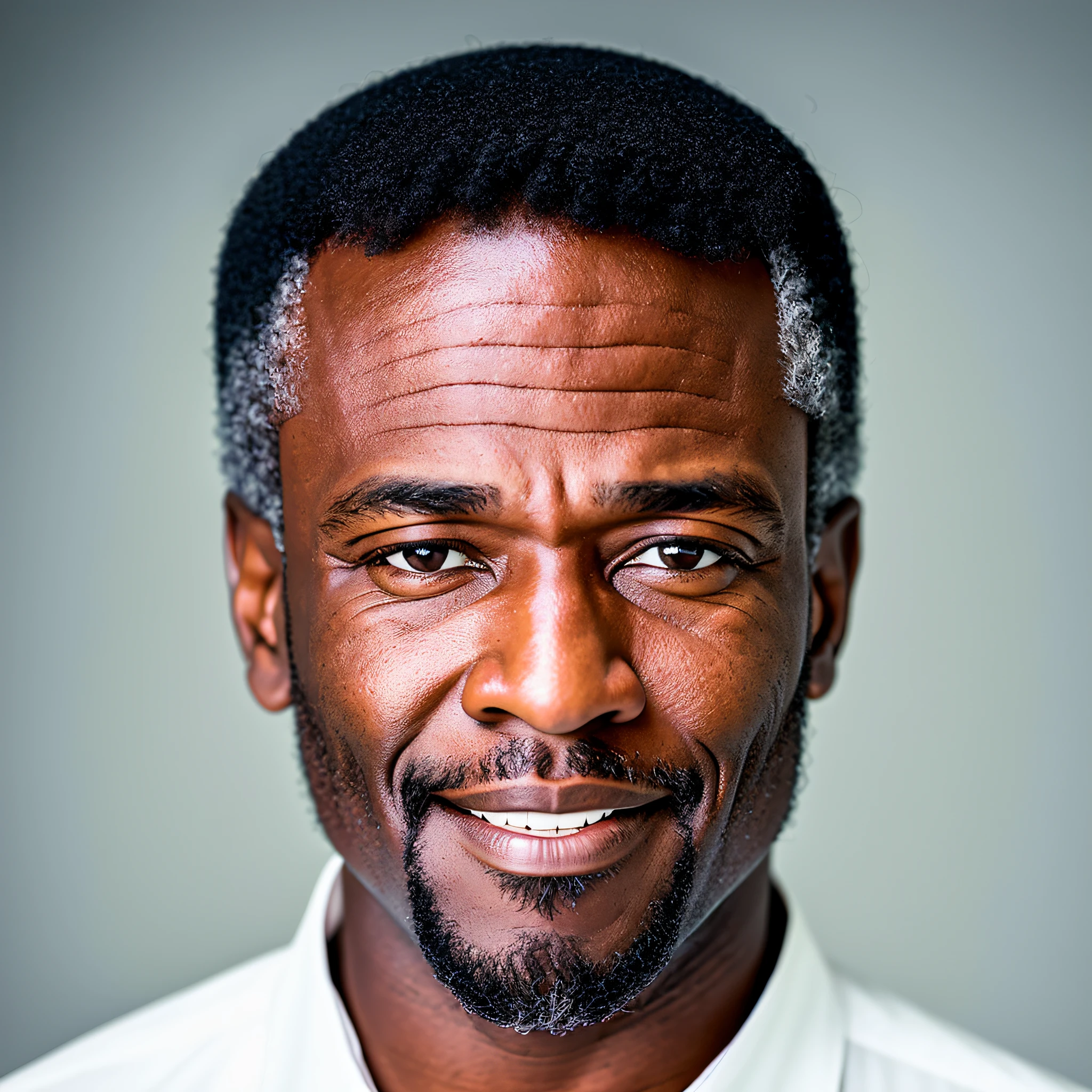 Smiling black man in white shirt with red trim and white shirt, taken in early 2020, 45-year-old men, digital drawing, front photo, full head shot, a picture of a man, photo of a man, 4-0-year-old man, headshot profile picture, Jeffery Smith, he's about 55 years old --auto --s2
