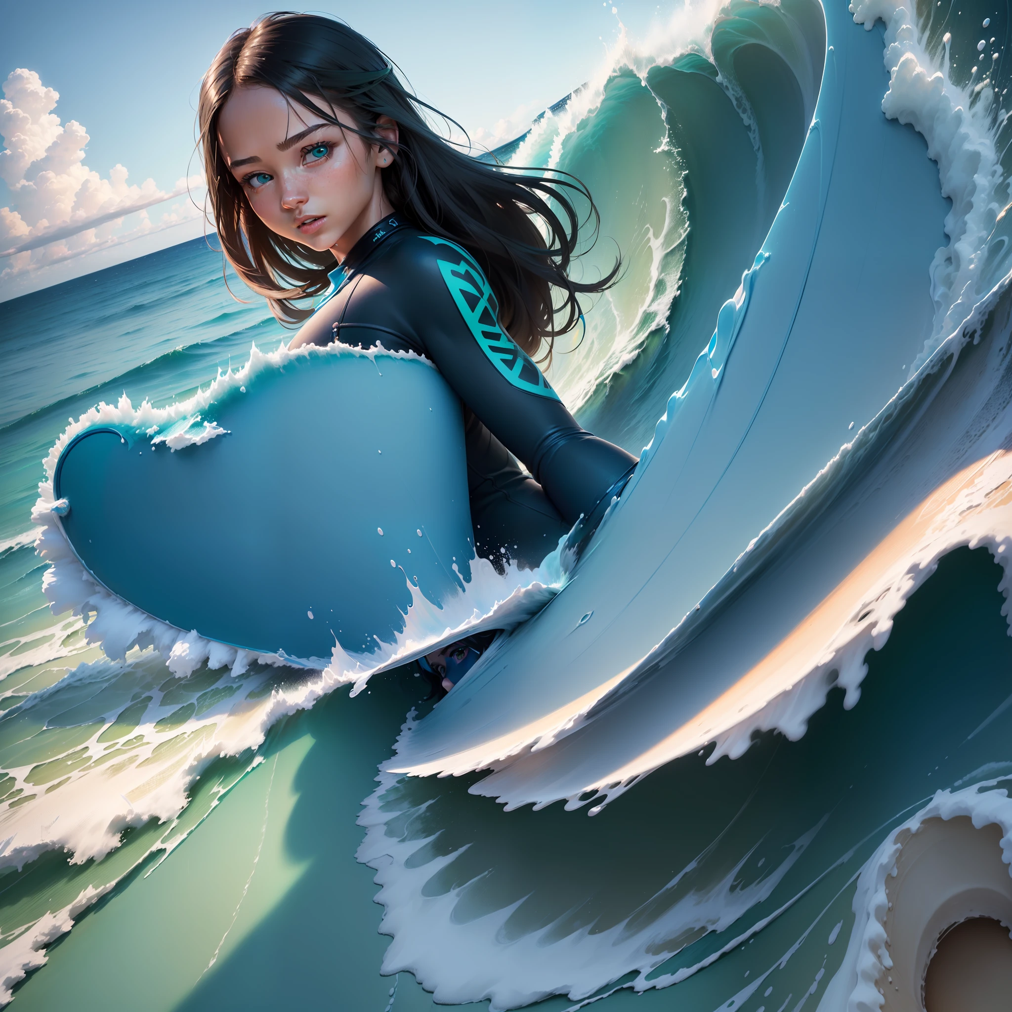 "(((Masterpiece))) ((impeccable quality)), ((painting with ultra-decluttered brush)), ((realistic beach scenery in blue neon style)), ((Girl surfing with happiness detailed hyper realistic face, perfect nose eyes flawless green high resolution, well defined silhouette ,3D)), ((8K FULL HD)), realistic aspect."