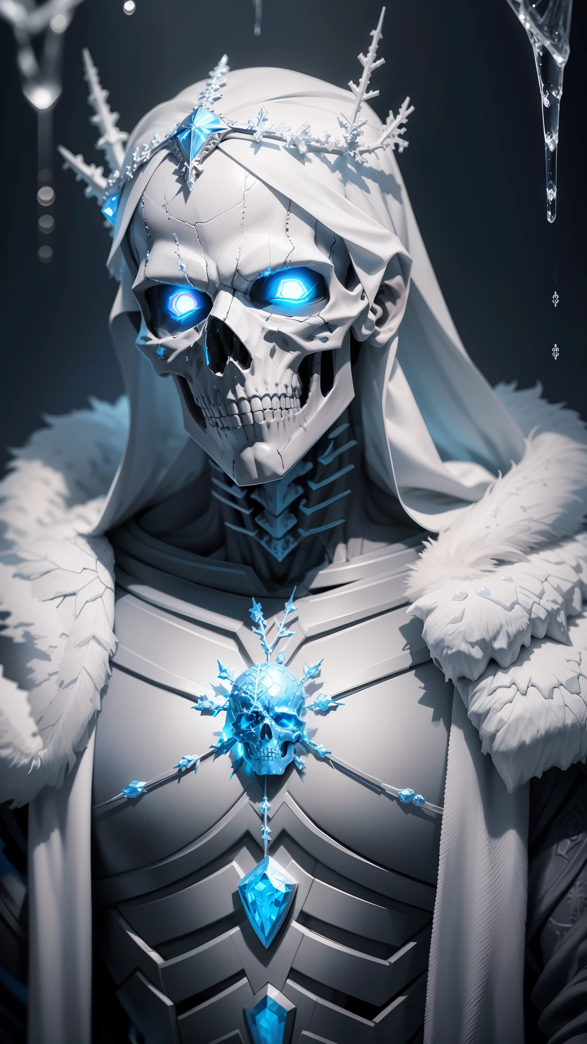 a skeletonized man with bits of flesh hanging off his bones, his skull is covered in icicles and frost, intricate carving, wearing a face mask, glowing eye sockets, wearing a frozen blue crown, masterpiece, best quality, intricate detail, absurdres