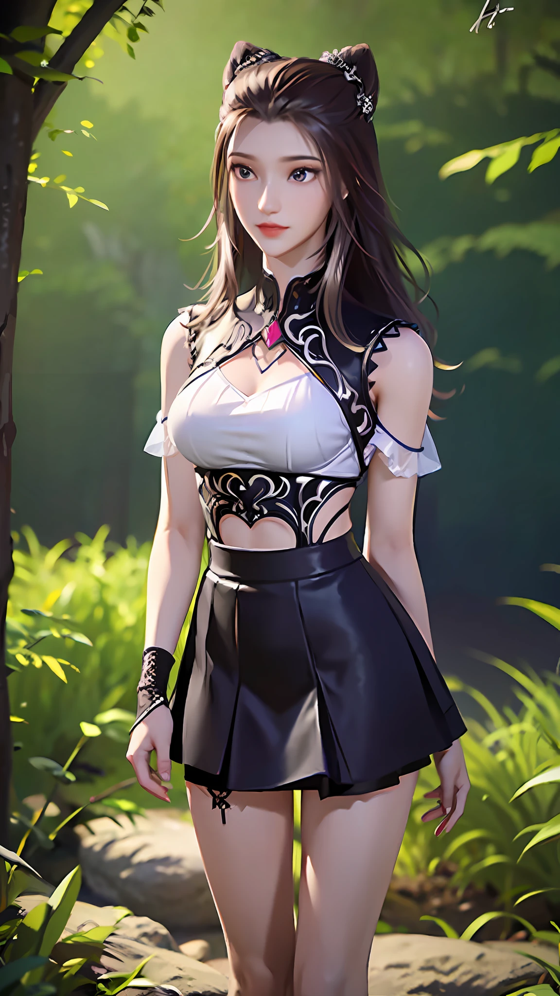 ((Dark Light, Top Quality, 8K, Masterpiece: 1.3)), (Focus: 1.2), (In Chinese, Casual Theme, Outdoor: 1.5), (Beauty & Slim Abs: 1.4), ((Layered Hairstyle)), (White Shirt: 1.6), (White Lace Short Skirt: 1.3), Highly Detailed Face and Skin Texture, Whitening Skin, (Full Body: 1.4), White Clothes, Forest, Evening
