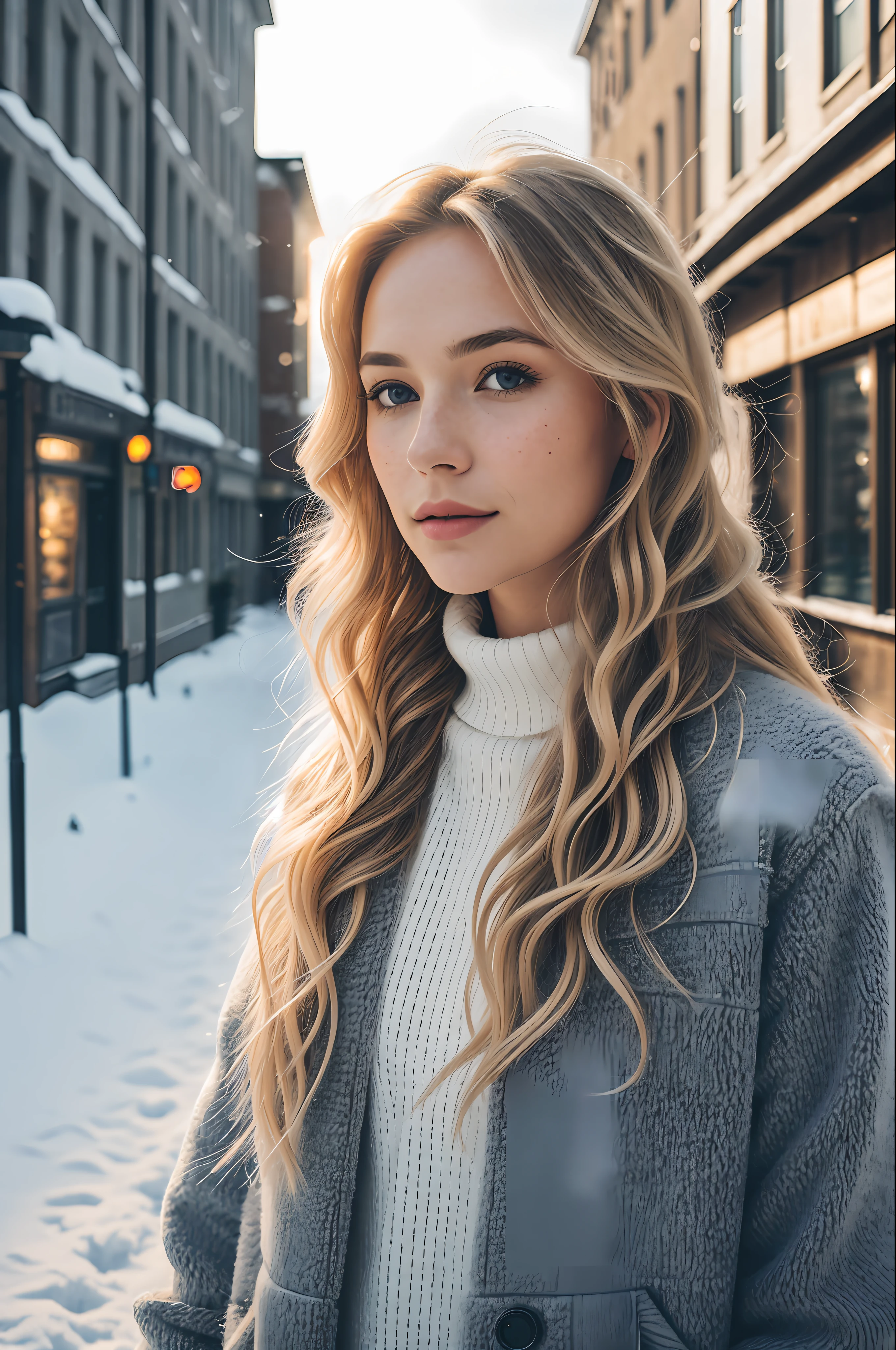 Selfie of a beautiful Norwegian woman in winter clothes with long wavy blonde hair, (( flirty look)), freckles, beautiful symmetrical face, beautiful natural makeup, ((standing outside on the snowy city street)), stunning modern urban environment of luxury, ultra realistic, conceptual art, elegant, highly detailed, intricate, sharp focus, depth of field, f/1. 8, 85mm, medium shot, medium shot, (centered image composition), (professionally sorted by color), (((bright soft diffused light)), volumetric fog, instagram trend, tumblr trend, hdr 4k, 8k