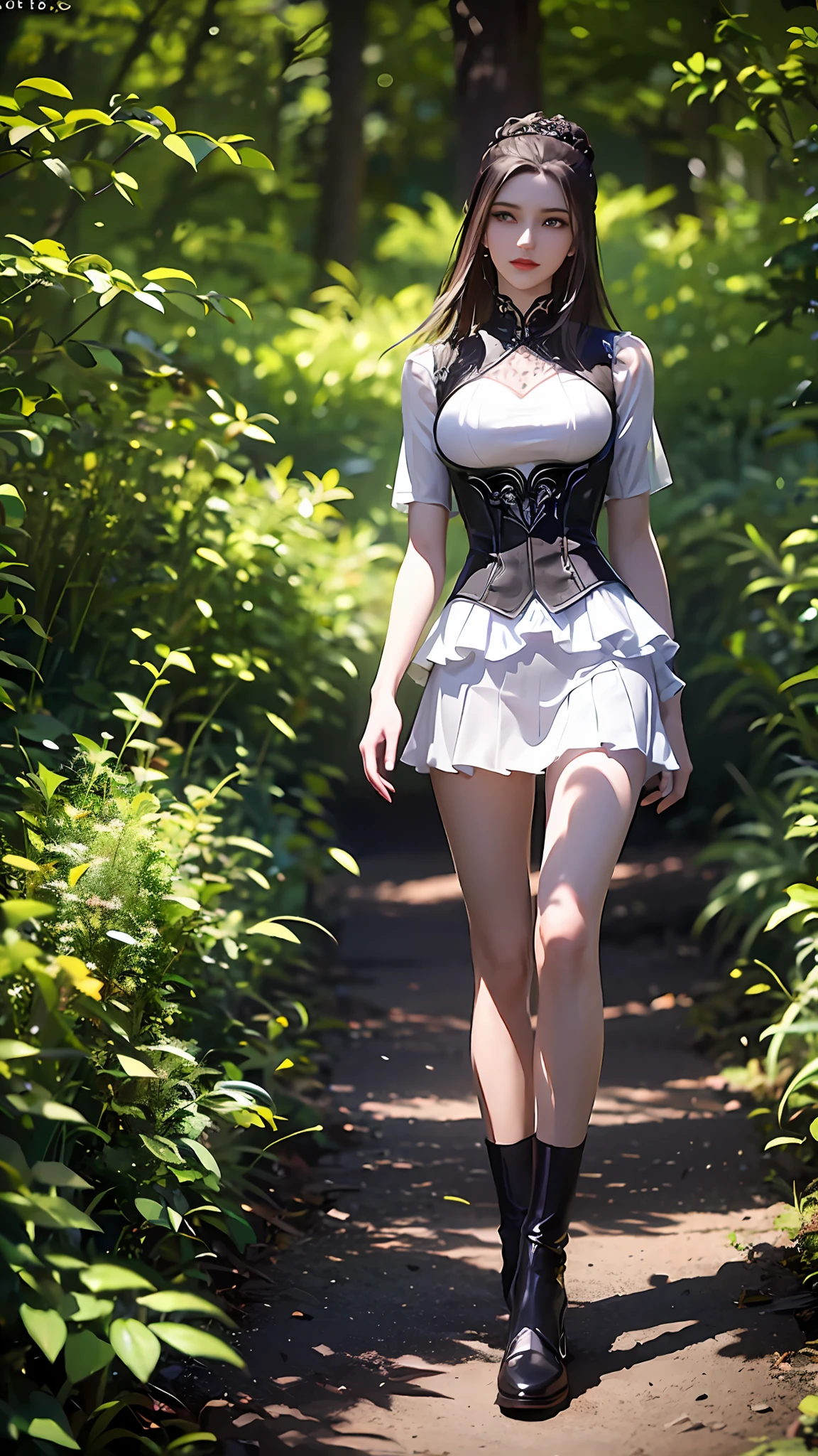 ((Dark Light, Top Quality, 8K, Masterpiece: 1.3)), (Focus: 1.2), (In Chinese, Casual Theme, Outdoor: 1.5), (Beauty & Slim Abs: 1.4), ((Layered Hairstyle)), (White Shirt: 1.6), (White Lace Short Skirt: 1.3), Highly Detailed Face and Skin Texture, Whitening Skin, (Full Body: 1.4), White Clothes, Forest, Evening