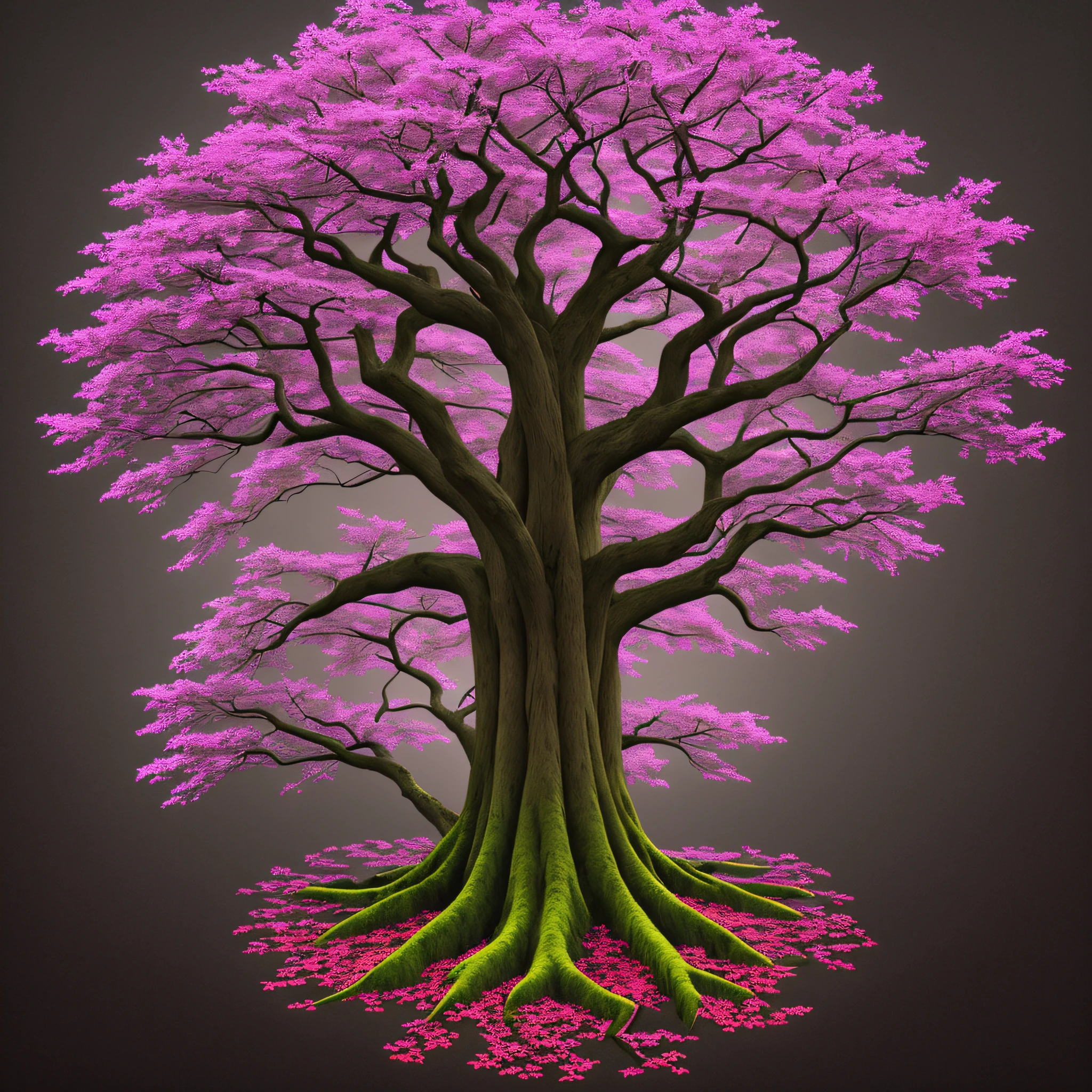 tree of life, leafy tree, thick trunk, with colorful leaves and flowers, dark background, nocturnal, gray.