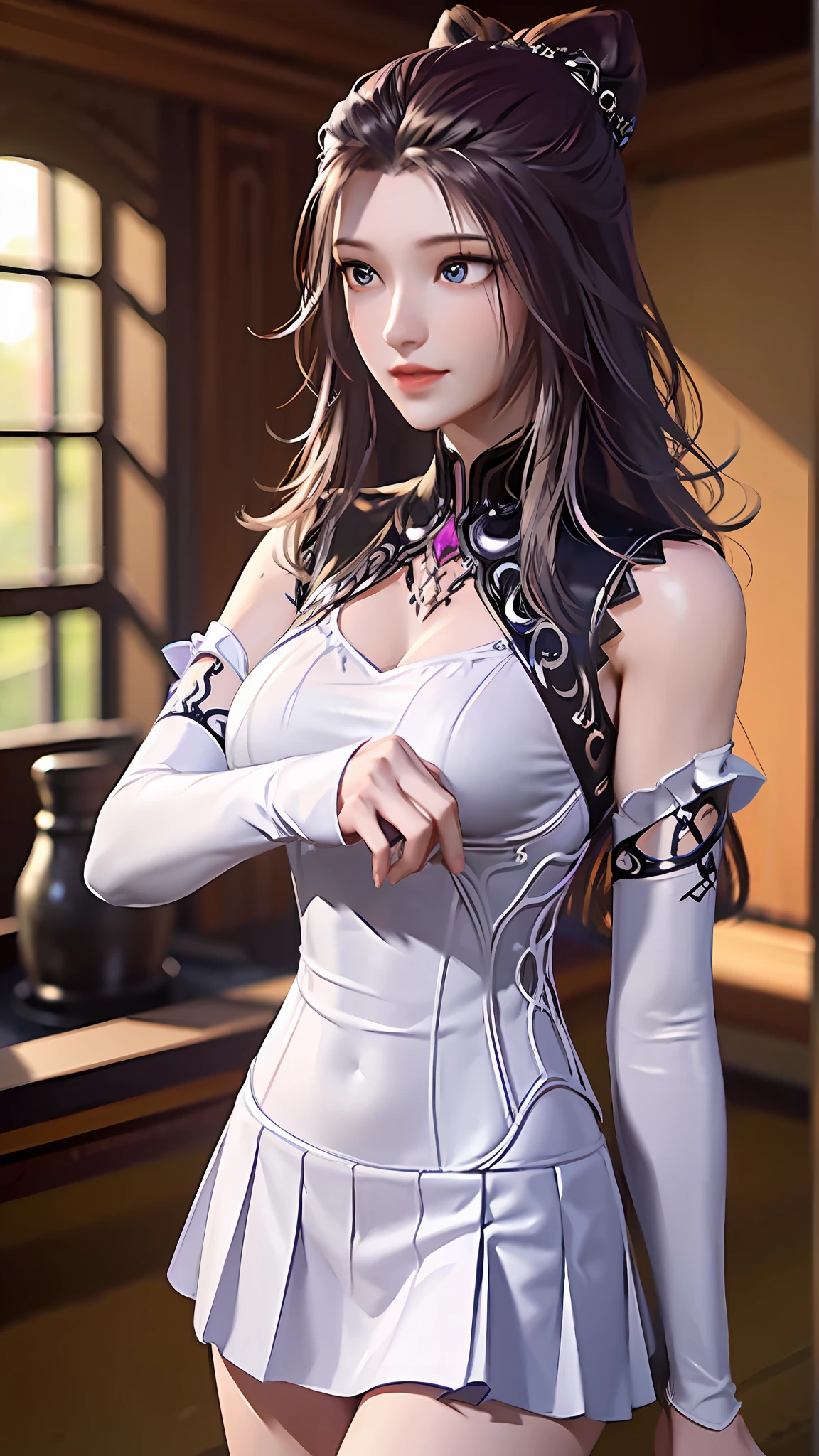 ((Dark Light, Top Quality, 8K, Masterpiece: 1.3)), (Focus: 1.2), (In Chinese, Casual Theme, Indoor: 1.5), (Beauty & Slim Abs: 1.4), ((Layered Hairstyle)), (White Shirt: 1.6), (White Lace Short Skirt: 1.3), Highly Detailed Face and Skin Texture, Whitening Skin, (Full Body: 1.4), White Clothes, Safe, Water Element