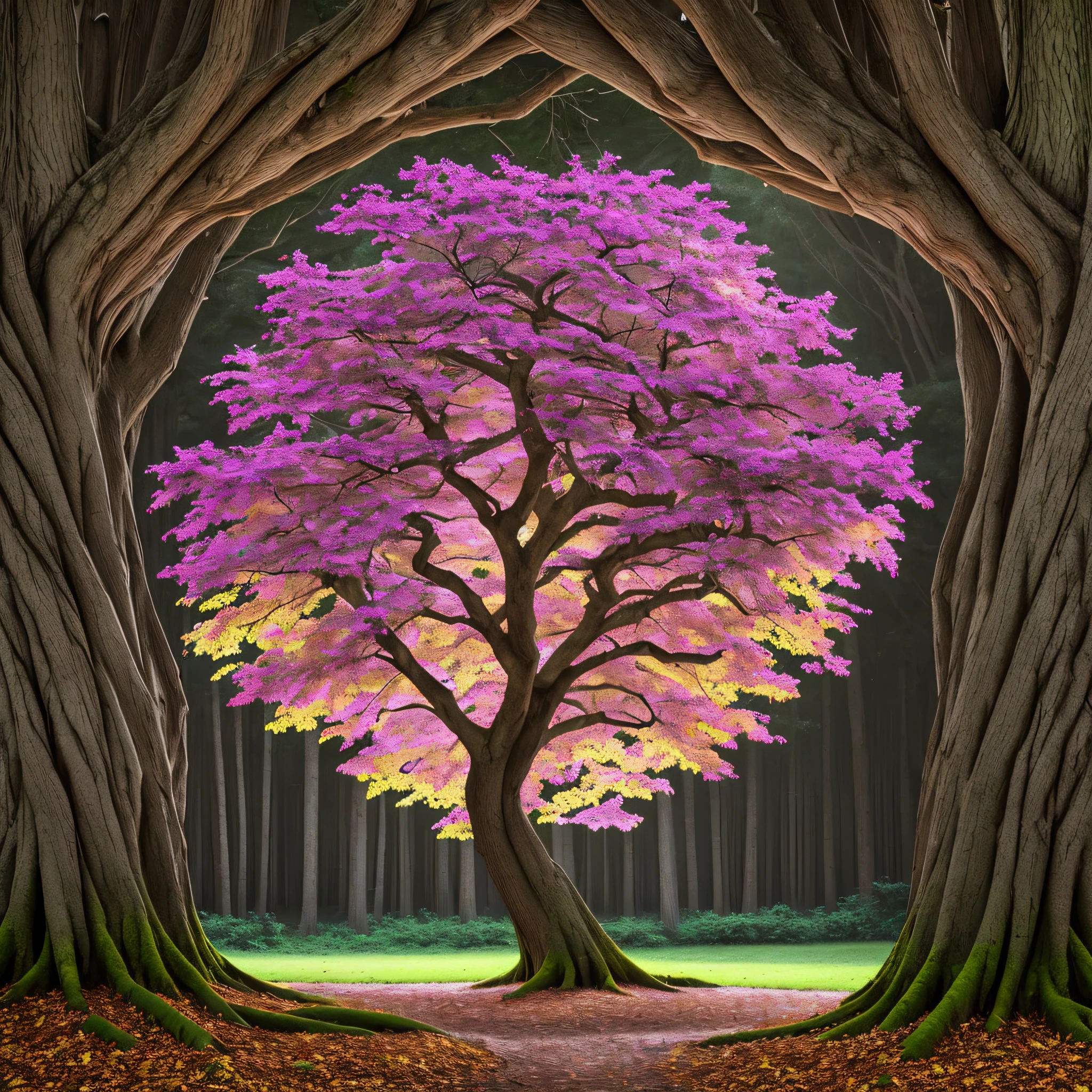 tree of life, leafy tree, thick trunk, with colorful leaves and flowers, dark background, nocturnal, gray.