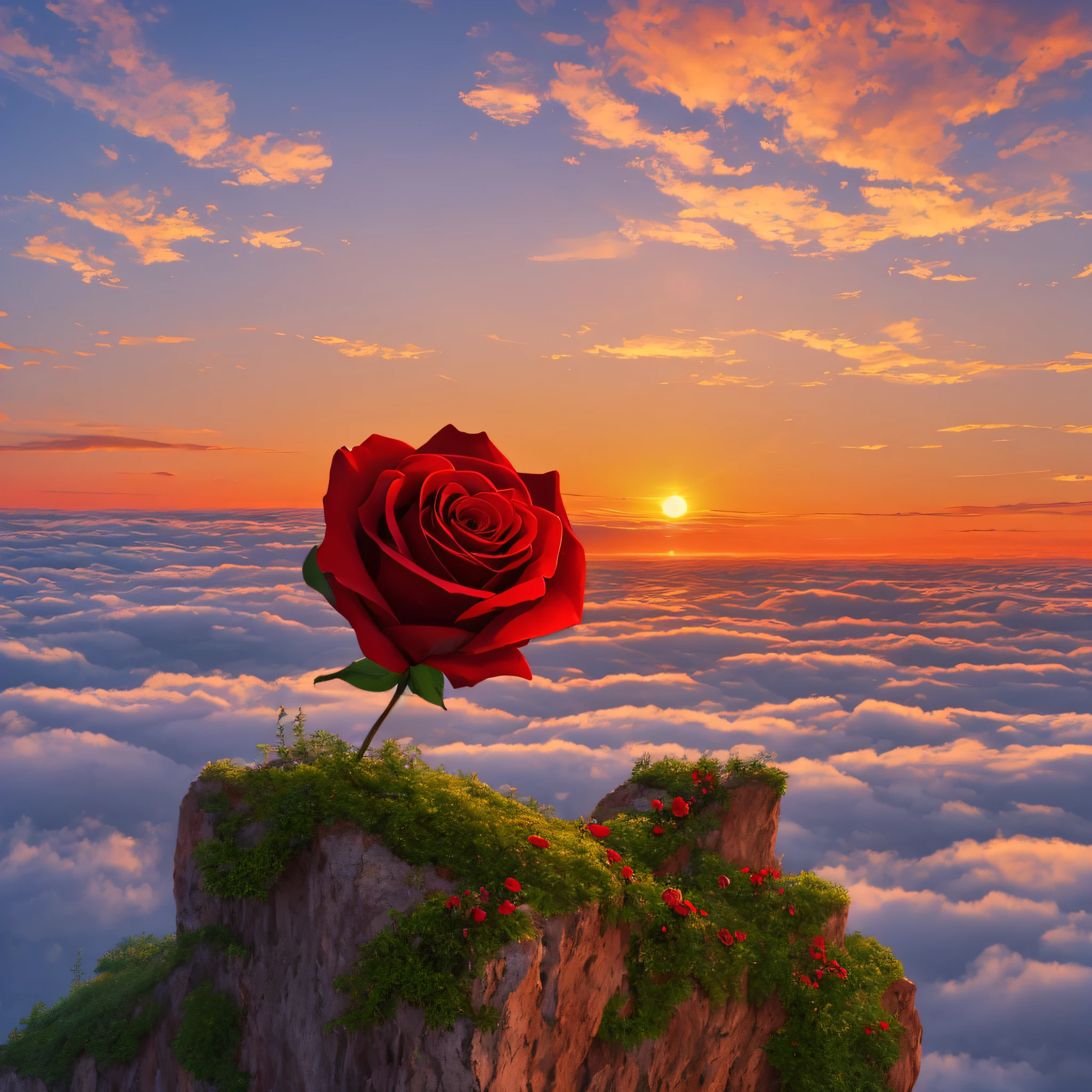 a red rose at the tip of a cliff above the clouds with a sunset in the background --auto --s2