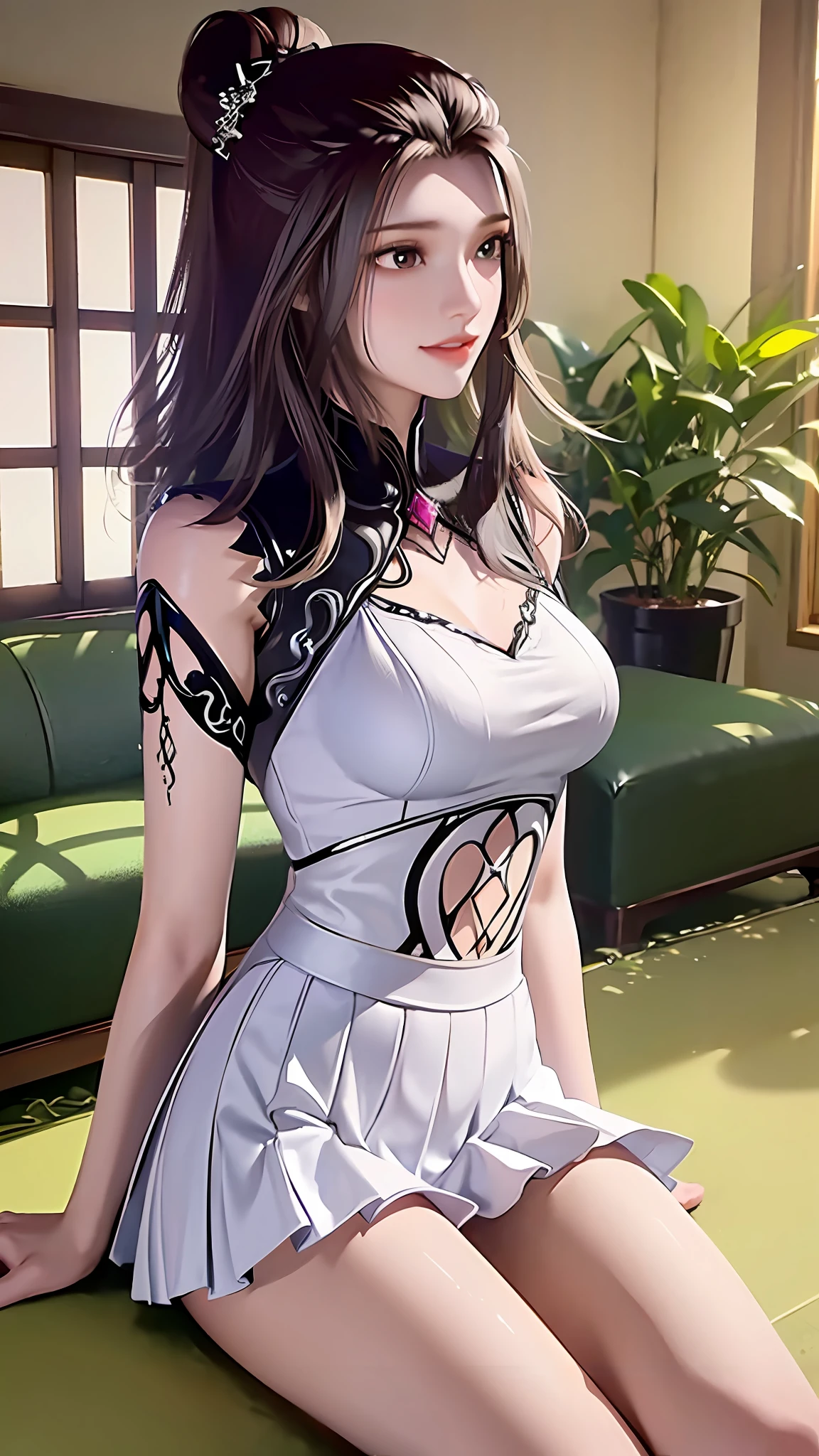 ((Dark Light, Top Quality, 8K, Masterpiece: 1.3)), (Focus: 1.2), (In Chinese, Casual Theme, Indoor: 1.5), (Beauty & Slim Abs: 1.4), ((Layered Hairstyle)), (White Shirt: 1.6), (White Lace Short Skirt: 1.3), Highly Detailed Face and Skin Texture, Whitening Skin, (Full Body: 1.4), White Clothes, Safe, Water Element