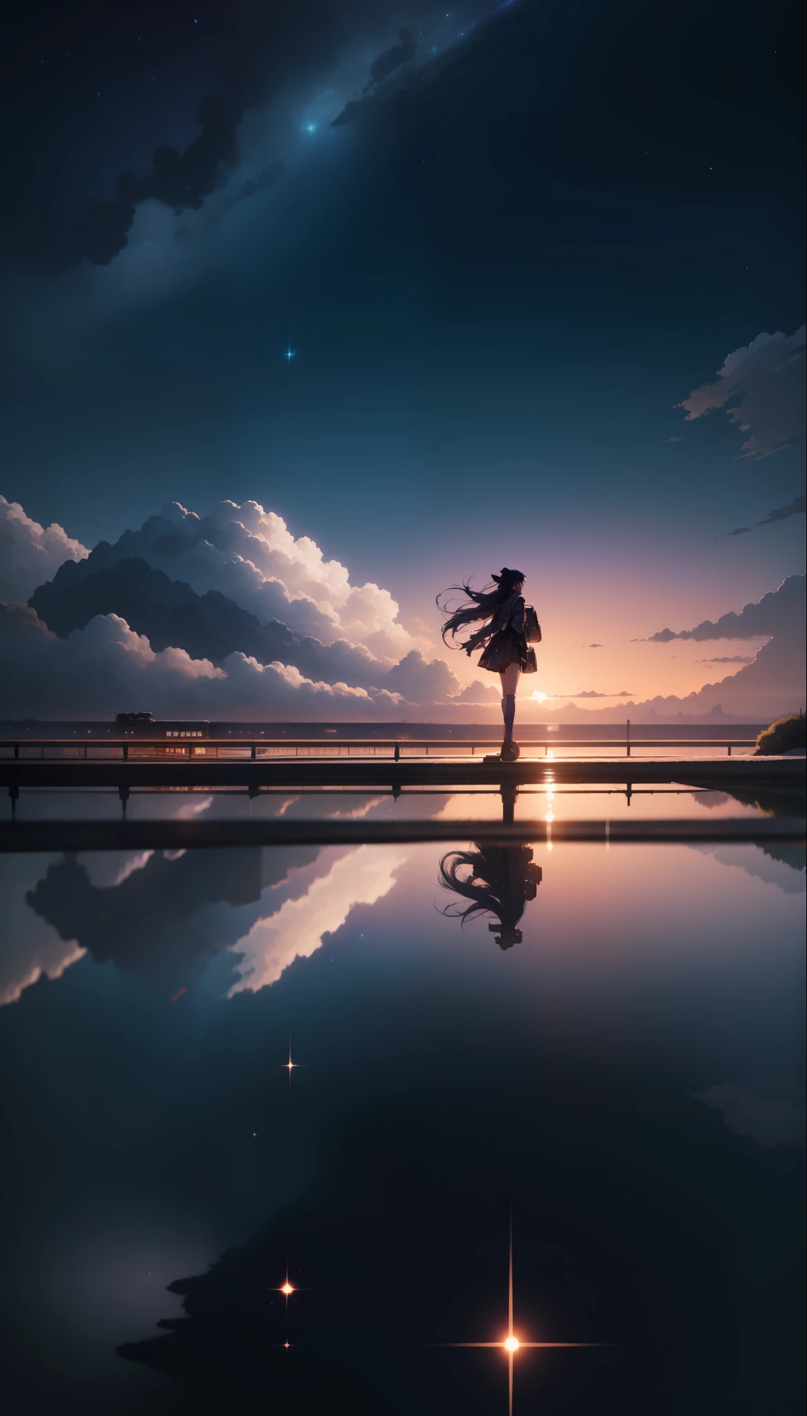 High quality masterpiece, landscape, anime train passing through bodies of water on tracks, bright starry sky. Romantic train, pixiv, concept art, lofi art style, reflection. by Makoto Shinkai, lofi art, Beautiful anime scene, Anime landscape, detailed scenery —width 672, in style of Makoto shinkai, style of Makoto shinkai, enhanced details.