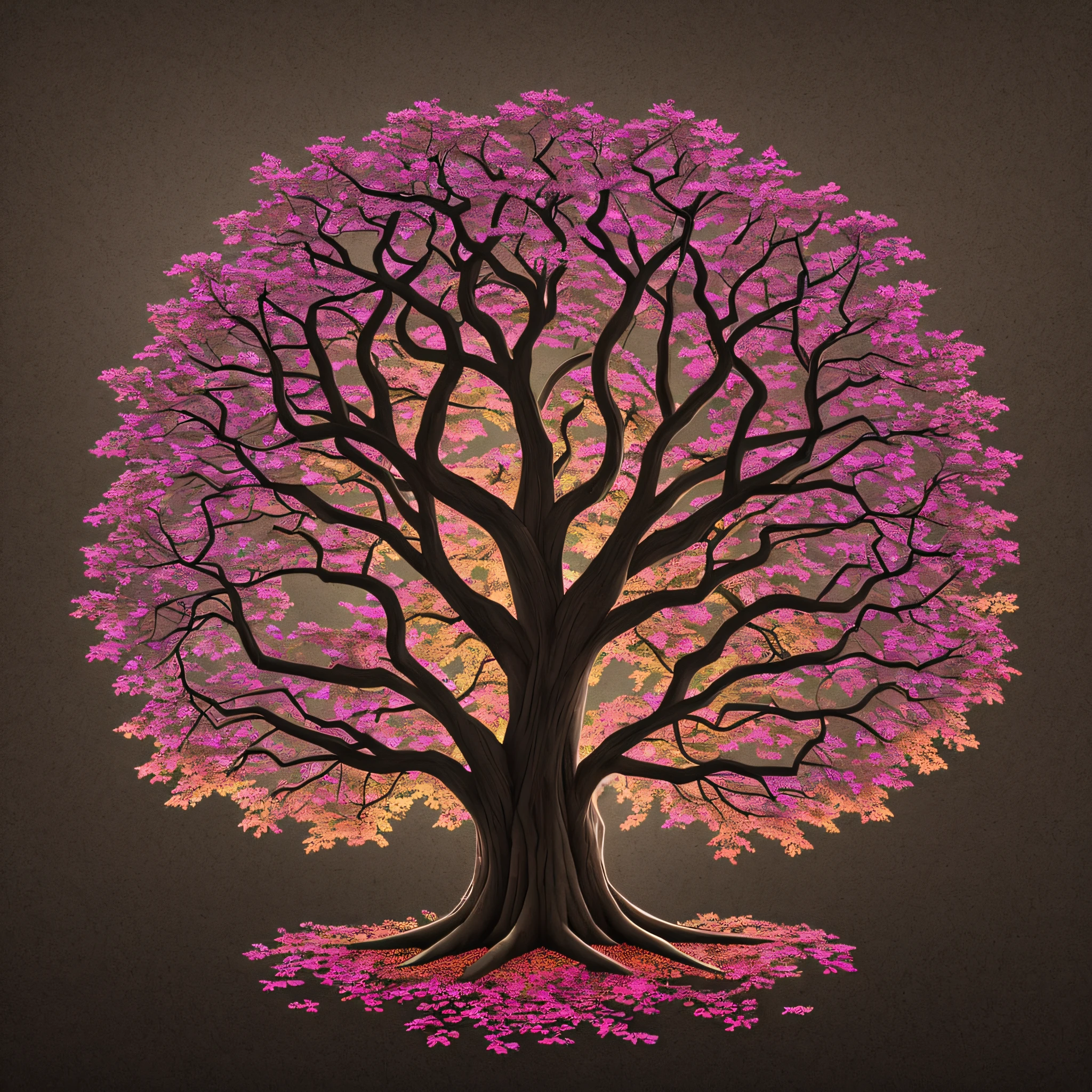 tree of life, leafy tree, thick trunk, with colorful leaves and flowers, dark background, nocturnal, gray.