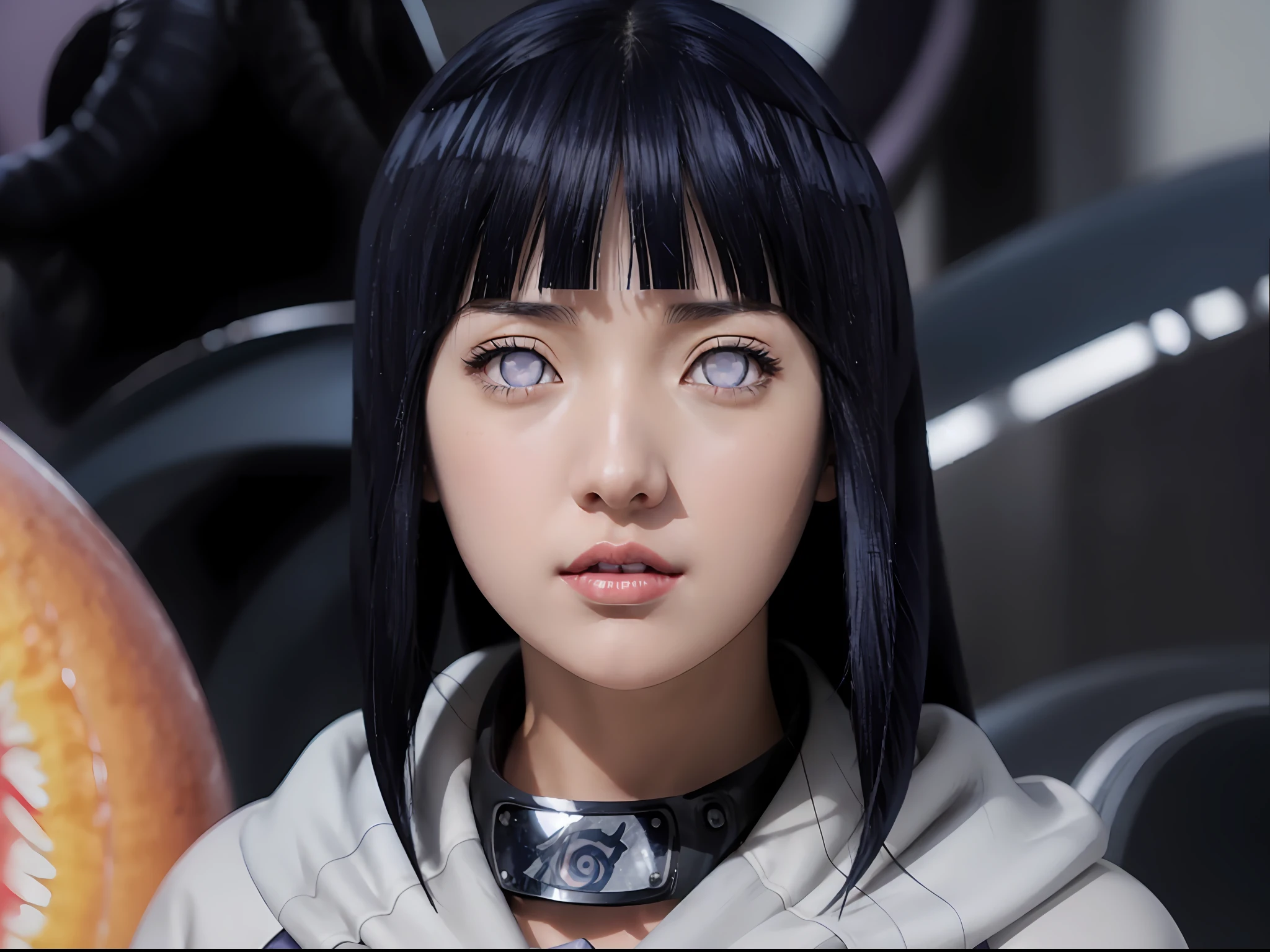 a close up of a person with long hair and a hoodie, hinata hyuga, hinata hyuga from naruto, from naruto, as an anime character, perfect anime face, she has dark blue hair with bangs, female anime character, anime character, anime best girl, hime cut hairstyle, dark blue hair, (red glossy lips:1.3), light purple eyes