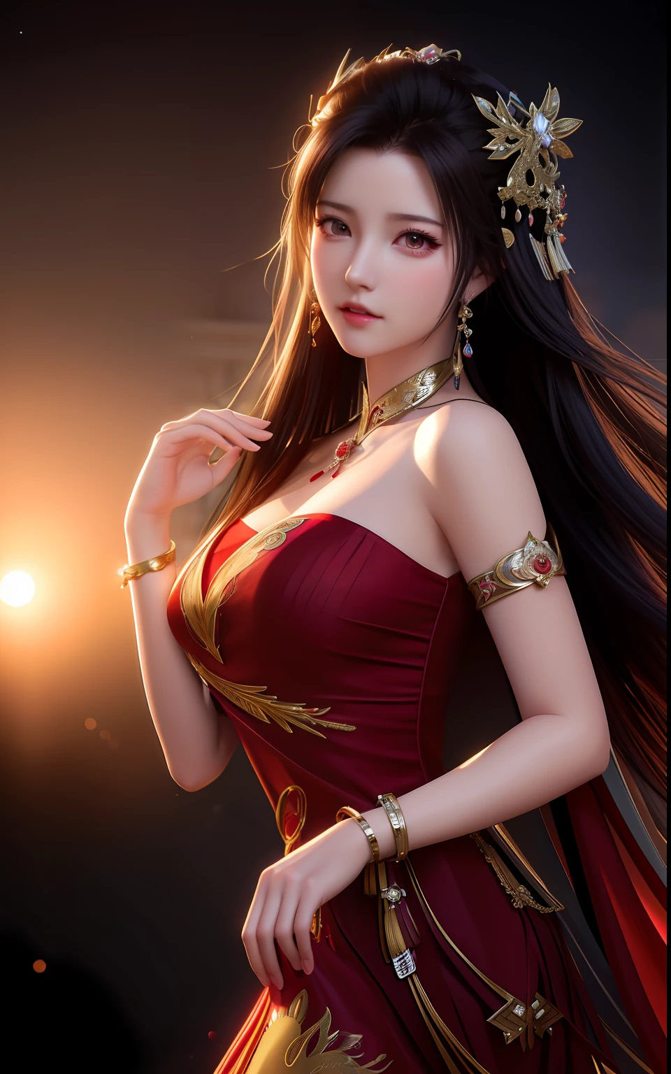 a close up of a woman in a red dress with long hair, beautiful alluring anime woman, a beautiful fantasy empress, inspired by Du Qiong, seductive tifa lockhart portrait, ((a beautiful fantasy empress)), seductive anime girl, beautiful anime woman, glamorous tifa lockheart, beautiful avatar pictures, mai shiranui, lady in red armor, tifa, (lingerie:1.2), photo realistic, upon_body, tyndall effect, photorealistic, dark studio, rim lighting, two tone lighting, (high detailed skin:1.2), 8k uhd, dslr, soft lighting, high quality, volumetric lighting, candid, Photograph, high resolution, 4k, 8k, Bokeh,