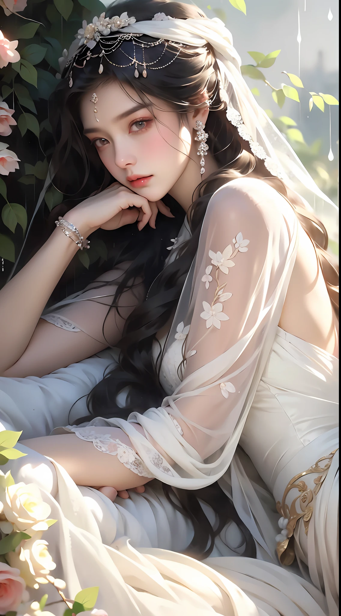 1 girl, full body photo, flaxen hair, flowing hair, hazy beauty, extremely beautiful facial features, white embroidered dress, hairpins on her head, lying in a bush, hand dragging chin, perfect hand, roses, (spring, rainy day, butterfly, cliff), simple vector art, contemporary Chinese art, soft light, entangled scarf, looking down