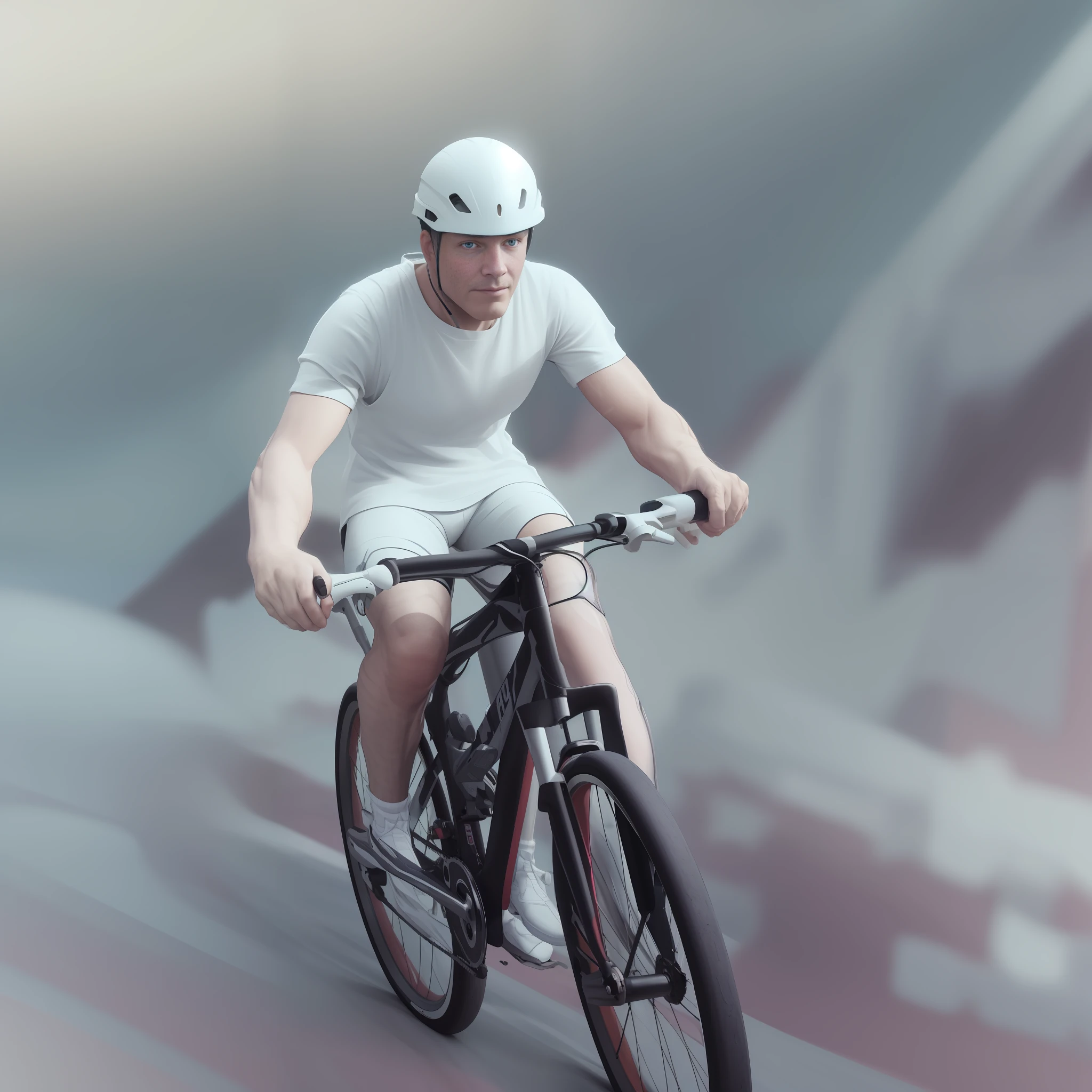There is a man pedaling a bike on a mountain with a helmet on, cycles4d render, cycles4d, cycles 3d render, cycle render, render cycles, masterpiece, realistic portrait, cycles render 4k, anaglyph, 3 d cgi, 3d cgi, soft 3d render, extreme render, cinema4d render, cinema 4 d render