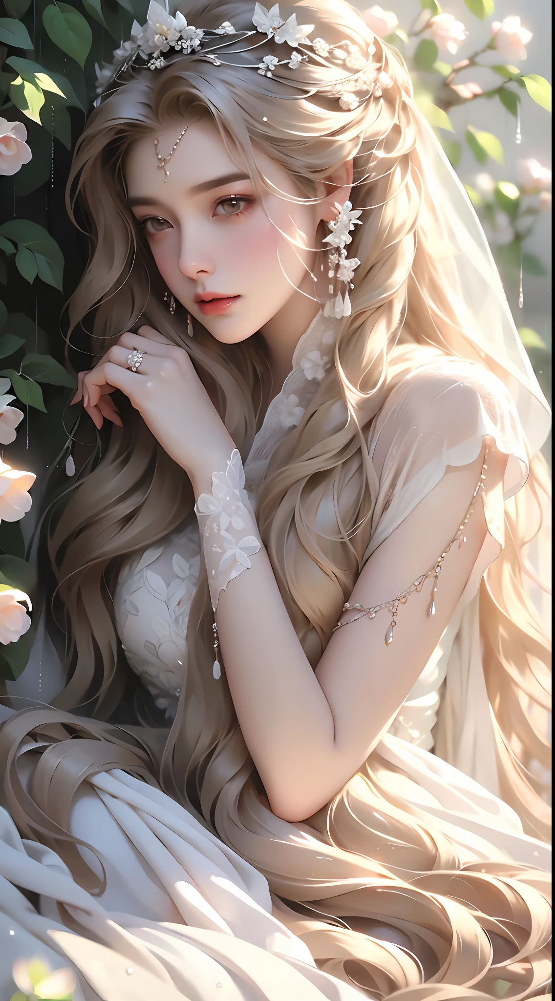 1 girl, full body photo, flaxen hair, flowing hair, hazy beauty, extremely beautiful facial features, white embroidered dress, hairpins on her head, lying in a bush, hand dragging chin, perfect hand, roses, (spring, rainy day, butterfly, cliff), simple vector art, contemporary Chinese art, soft light, entangled scarf, looking down