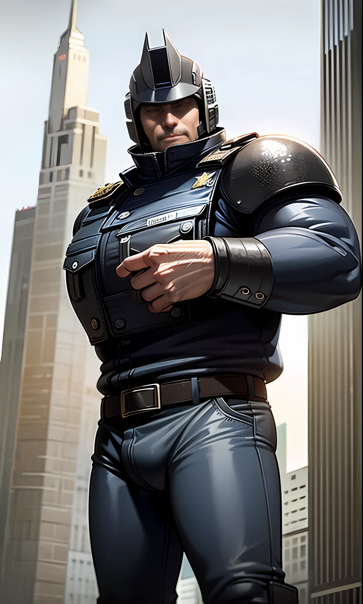 City ruins, broken buildings, policemen, armor, thick eyebrows, military boots, perfect facial features, majestic cop, giant cop trampling the city, giant cop trampling buildings, giant muscle cop, giant muscle cop destroying the city, giant muscle cop, powerful cop, handsome cop. giant cop pinching house, megacop pinching man, megacop smashing building, megacop smashing house, riding boots, military boots, huge muscles, protruding crotch, perfect facial features, megacop pushing down buildings, muscular, cop, giant