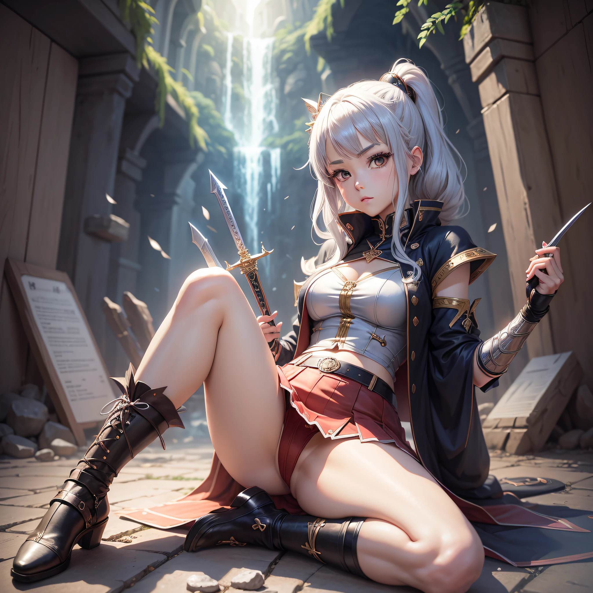 ((Anime style)) Beautiful girl. A world of swords and sorcery. Underwear. Miniskirt. Pubic hair. Sitting. --auto --s2