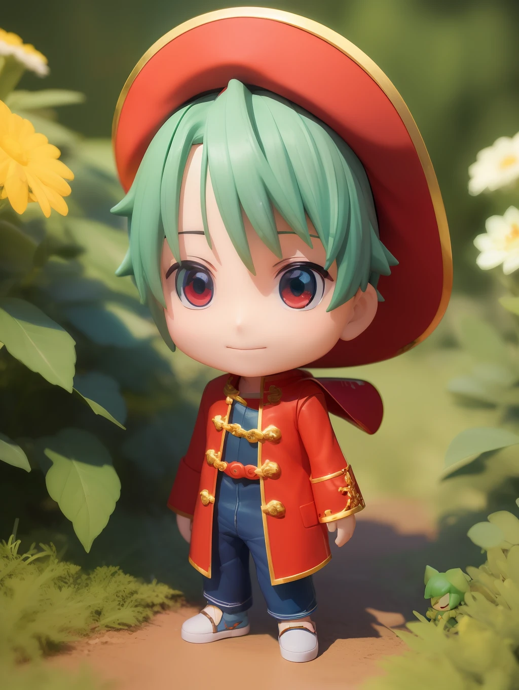 anime figurine of a boy with green hair and a red hat, style as nendoroid, water color nendoroid, nendoroid 3 d, nendoroid, stylized anime, super highly detailed, nendoroid eyes, highly detailed character, anime highly detailed, good smile company anime style, cute character, q posket, nendroid