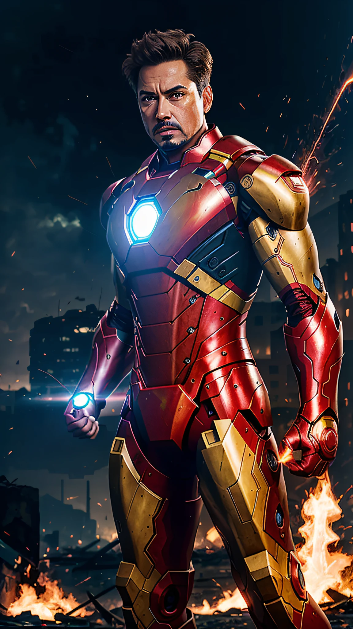 Body facing the camera, Iron Man, Hero, (35 years old), muscular, wearing a combat suit, metal suit, red and gold color scheme, glowing arc reactor on the chest. Fighting stance, palm breathing fire,
Tony Stark without a mask, tired but determined expression, goatee, short hair, sweat and dust on his face.
Damaged suits, sparks, smoke, fire, debris, rubble, destroyed buildings in the background.
Energy core, glowing blue light, pulsating energy, complex design, power supply.
Fighting stance, repelling explosions, flying, hovering, using gadgets and weapons.
Dramatic lighting, orange and yellow tones from flames and explosions, harsh shadows, contrast.
Post-apocalyptic backdrops, devastated cities, destroyed infrastructure, chaos and destruction.
Science fiction elements, futuristic technology, computer screens, holographic displays, circuit patterns.
Themes of redemption, sacrifice and heroism are emphasized.