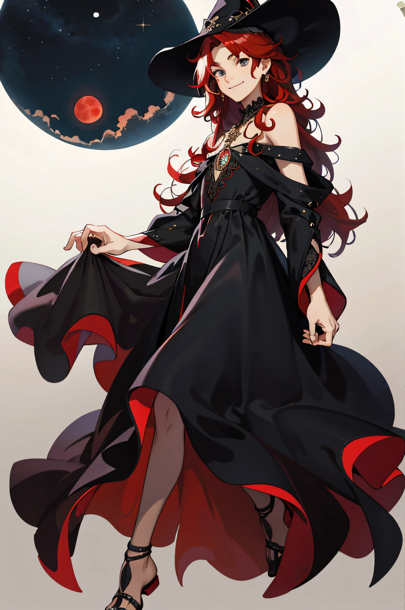 Masterpiece, best quality, 1 male, teenager, delicate eyes, long curly red hair, delicate face, intricate details, smile, gentle smile, black witch dress, wizard hat, dark night, red moon, naked, bare shoulders, full body