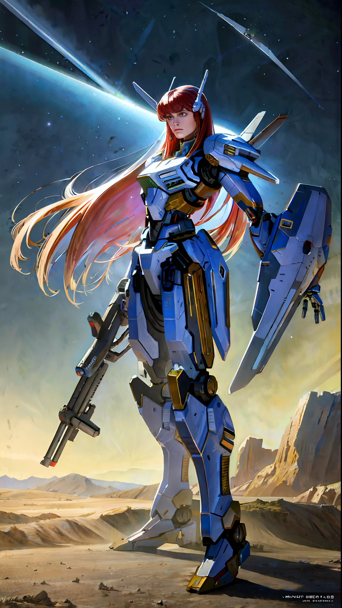 (((Masterpiece)),realistic photography, (solo exhibition: 1.4), (((A beautiful woman in a slim mech suit))))Long hair, stylish and threatening design, full body, highly detailed, high detail background, combat, planet, hover, a giant shield, shoulder armor, mechanical tailgate, science fiction, fighter jet flying over the earth in space with the moon in the background, concept art, space art,