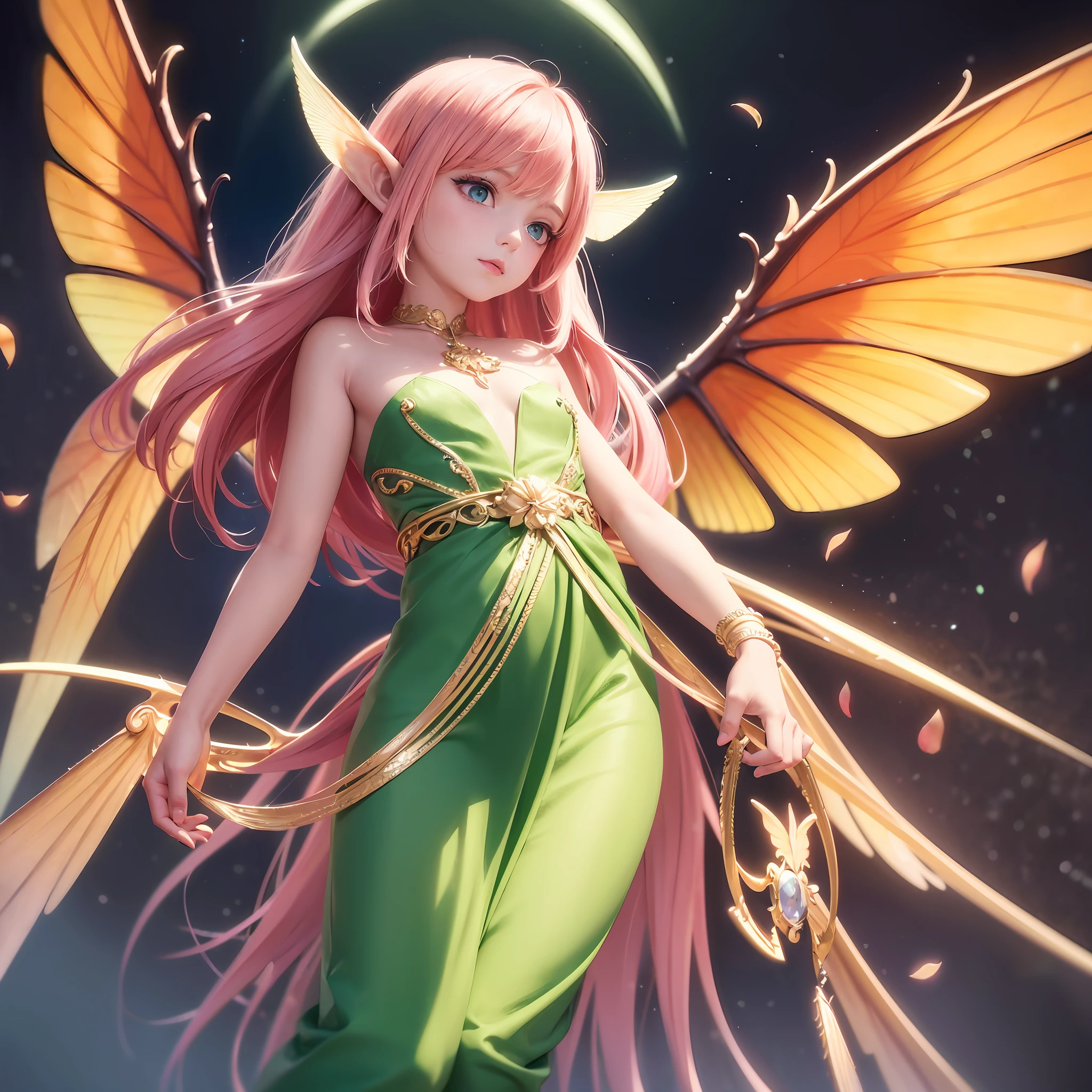 masterpiece, Fairy male man with orange, gold and white details, large wings, thin wing, detailed face, detailed hands, detailed fingers, detailed hair, detailed eyes, detailed skin, lush bokeh blurred background, vibrant colors, lush light, soft light, sunset light, smooth light, symmetrical, full body, 8k, perfect ligthing, , adult, male, full body shot, looking at the viewer, arm behind the back, cinematic lighting, male fairy, (extra long fairy wings), long wings, pink clothes, clothes made of petals, (pointed ears), (detailed eyes), green eyes, emerald eyes, shrunken, looking confused, blush, pixiedust, jungle, flowers, treehouse, night --auto --s2