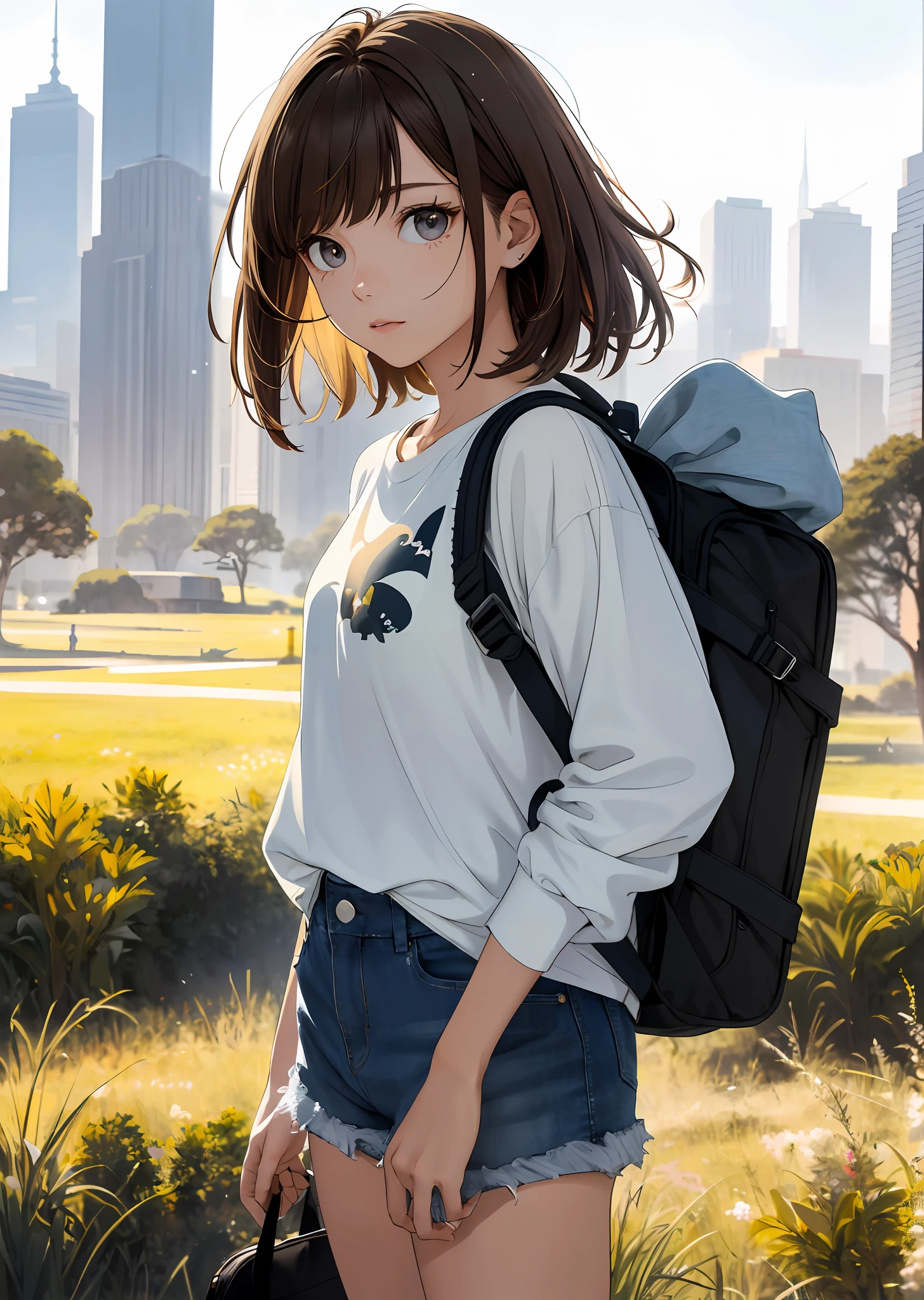 (beautiful and magnificent skyline, majestic sky), (extremely tense and dramatic pictures, moving visual effects), (high hanging Polaris, colorful natural light), (1girl), (long-sleeved top, denim shorts, carrying a backpack), (dynamic pose:1.3, black eyes, black hime-cut hair, sparkling girl)[:0.8], (large grassland), (oncoming breeze), (brown hair and background Coordination effect: 1.2), (close shot, long shot mix and match)[::0.9]