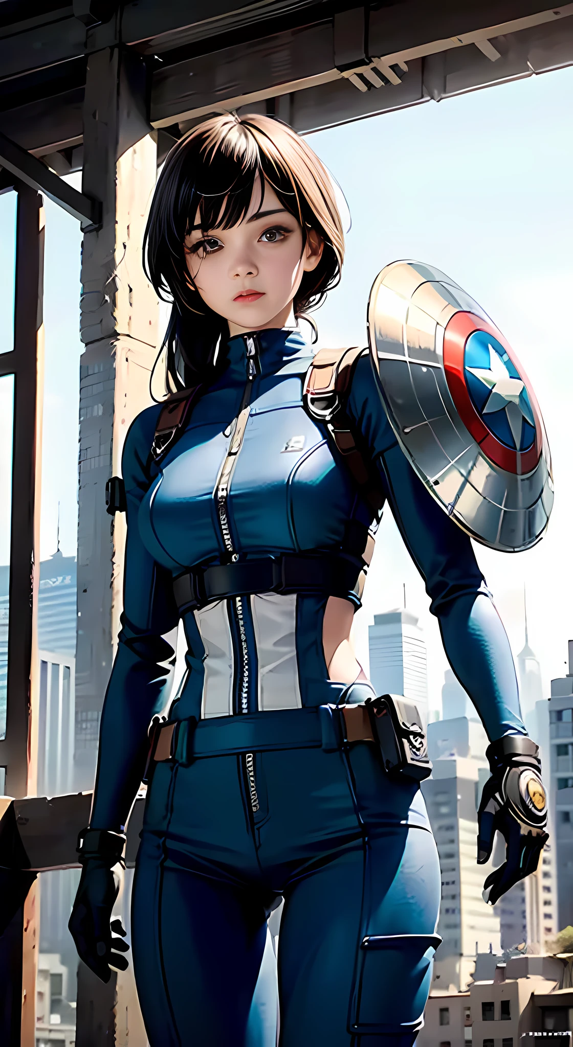 (1girl:1.3), solo, __body-parts__, official art, unified 8k wallpaper, super detailed, beautiful and aesthetic, beautiful, masterpiece, best quality, raw, masterpiece, super fine photo, best quality, super high resolution, photorealistic realism, sunlight, full-body portrait, amazing beauty, dynamic pose, delicate face, vibrant eyes, (from the front), she wears a futuristic Captain America jersey, blue color scheme, (holding a shield), A capital A on chest, very detailed abandoned warehouse background, detailed face, detailed complex busy background, messy, gorgeous, milky white, highly detailed skin, realistic skin details, visible pores, sharp focus, volumetric fog, 8k uhd, DSLR camera, high quality, film grain, fair skin, photo realism, lomography, huge metropolis in future dystopia, seen from below, translucent