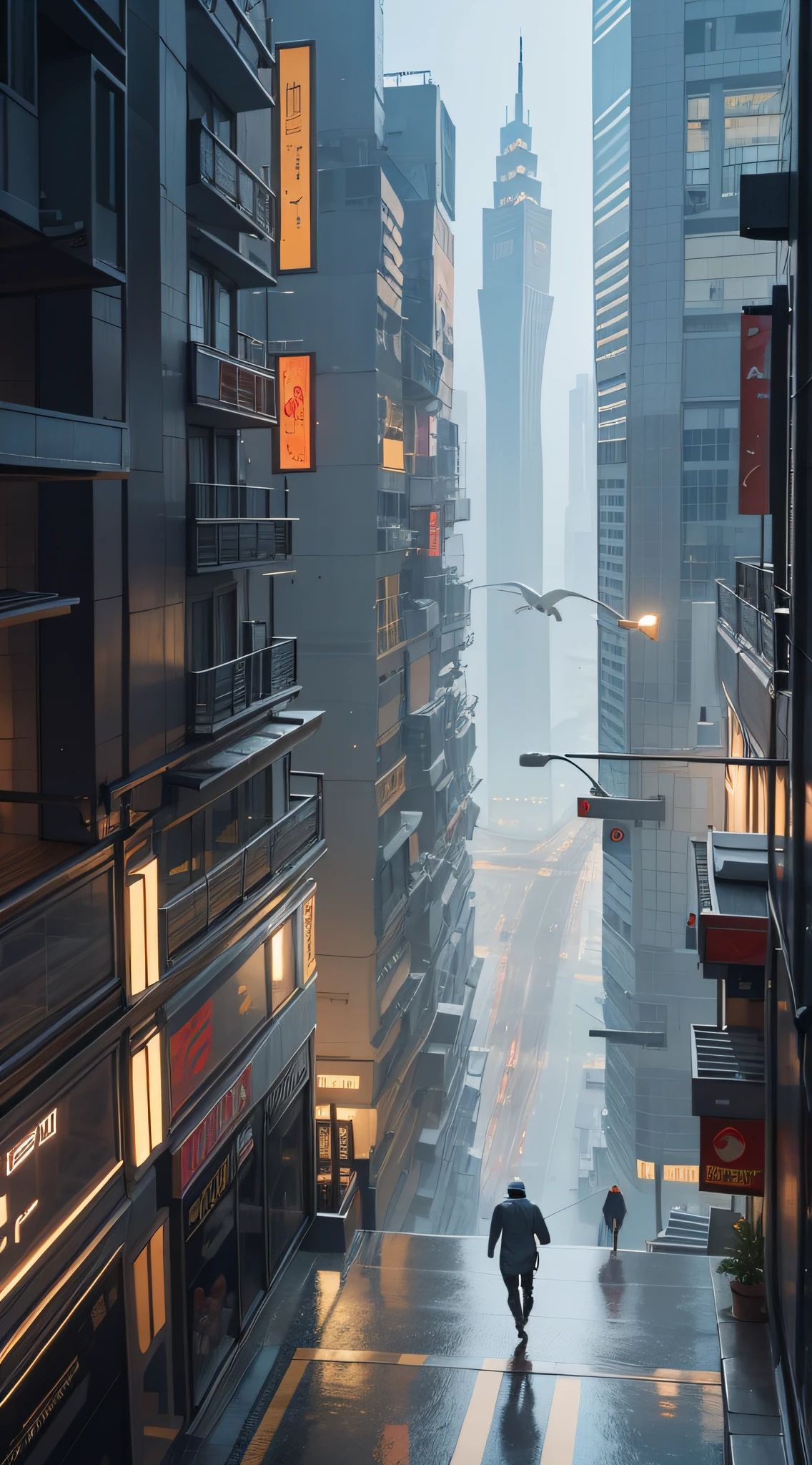 drone view, misty, rain, there is a person walking up a set of stairs in a city, a still of Sheik Zayed Road, streets of Dubai, street of Dubai, in Dubai, city like Dubai, walking over a tiny city, Sheik Zayed Road cyberpunk, artwork of a Dubai street, man walking through city, inspired by Carl Spitzweg, by John La Gatta