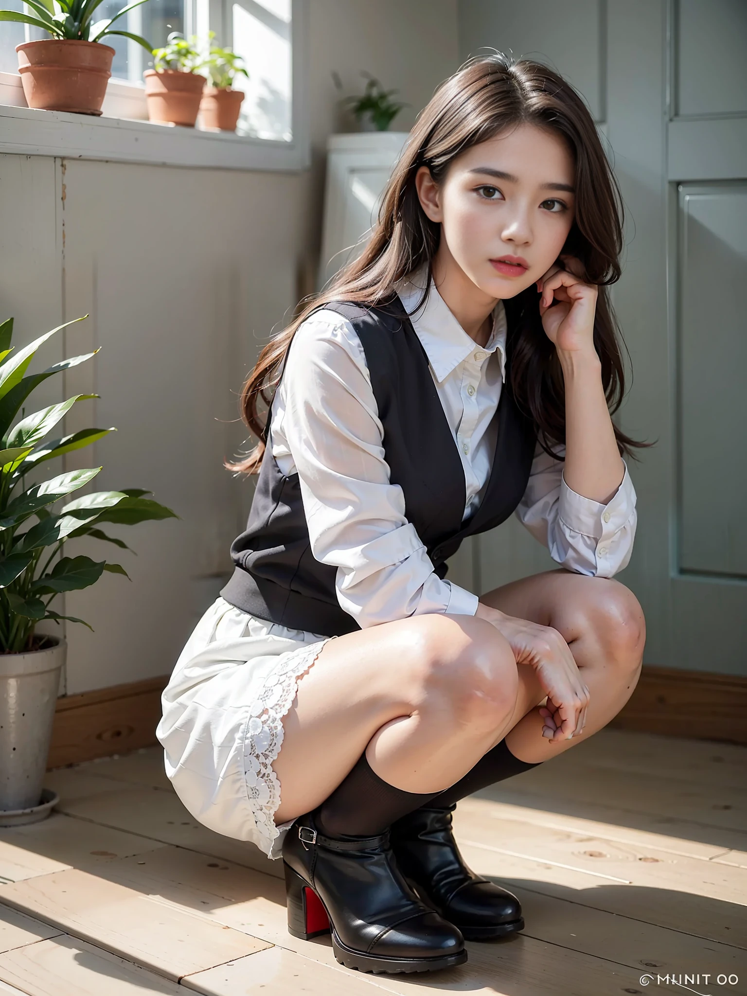 (Photorealistic: 1.4), (Hyperrealistic: 1.4), (Realistic: 1.3), (Smooth Lighting: 1.05), (Improved Cinematic Lighting Quality: 0.9), 32K, 1 female, 24 years old business woman, Realistic Lighting, Backlight, Face Lights, Ray Tracking, (Bright Light: 1.2), (Quality Improvement: 1.4), ( Top quality realistic textured skin: 1.4), fine detailed eyes, detailed face, fine quality eyes, dark brown eyes, (tired and sleepy content: 0.0), white wall background with bright window light, houseplants, white shirt, black long tight skirt, dark brown hair, squatting holding knees, white silk socks of shiny fabric, black strap pumps