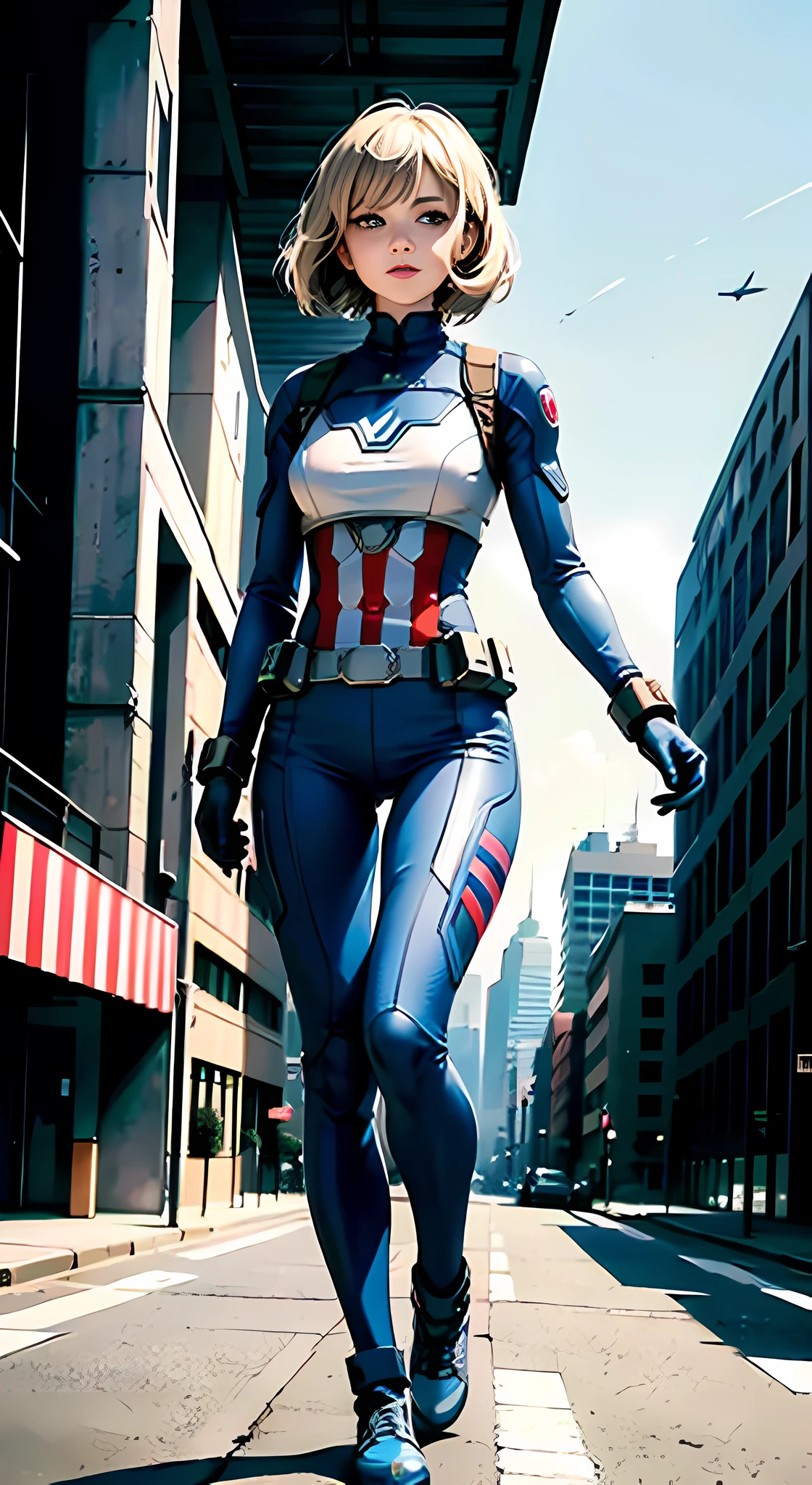 (1girl:1.3), solo, __body-parts__, official art, unified 8k wallpaper, super detailed, beautiful and aesthetic, beautiful, masterpiece, best quality, raw, masterpiece, super fine photo, best quality, super high resolution, photorealistic realism, sunlight, full-body portrait, amazing beauty, dynamic pose, delicate face, vibrant eyes, (from the front), she wears a futuristic Captain America jersey, blue color scheme, (holding a shield), A capital A on chest, very detailed abandoned warehouse background, detailed face, detailed complex busy background, messy, gorgeous, milky white, highly detailed skin, realistic skin details, visible pores, sharp focus, volumetric fog, 8k uhd, DSLR camera, high quality, film grain, fair skin, photo realism, lomography, huge metropolis in future dystopia, seen from below, translucent