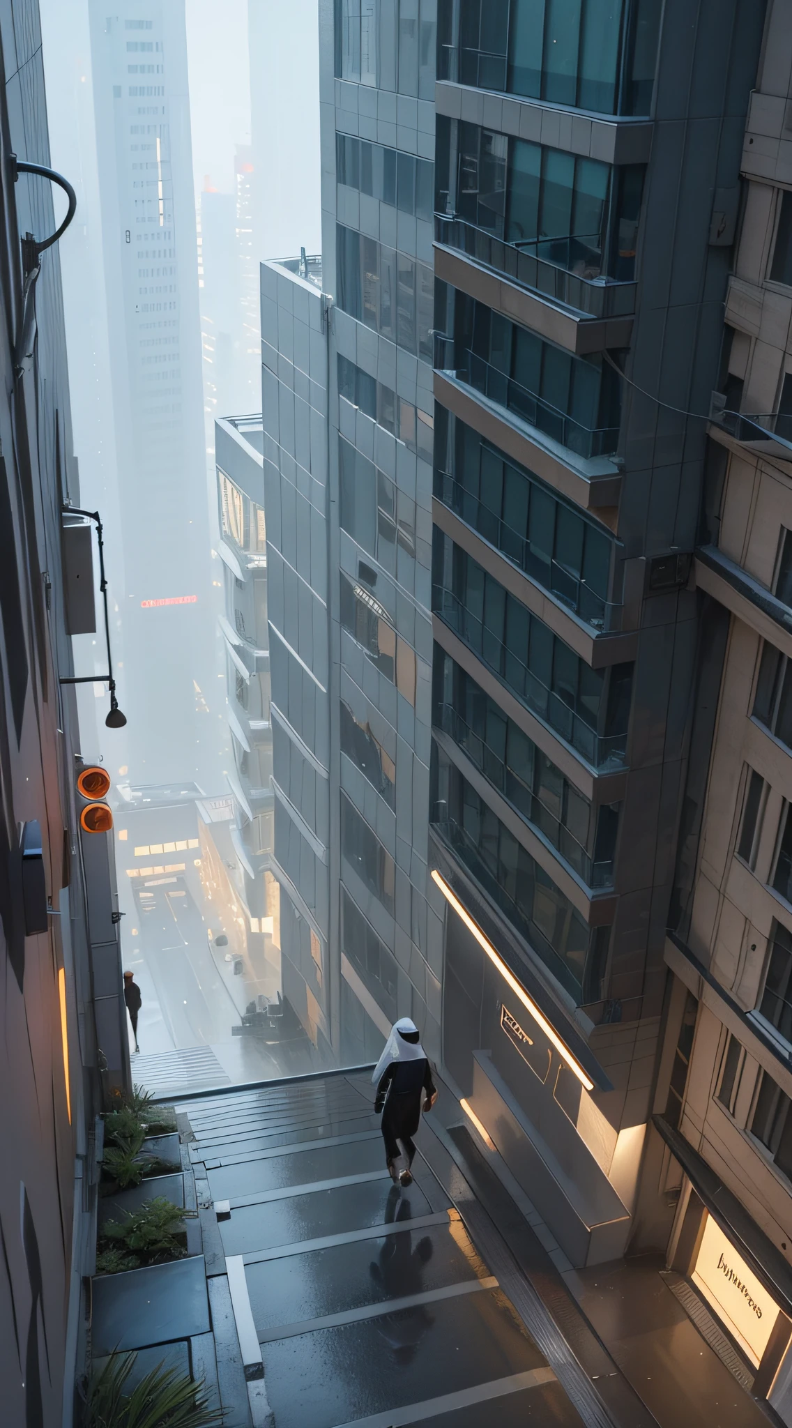 drone view, misty, rain, there is a person walking up a set of stairs in a city, a still of Sheik Zayed Road, streets of Dubai, street of Dubai, in Dubai, city like Dubai, walking over a tiny city, Sheik Zayed Road cyberpunk, artwork of a Dubai street, man walking through city, inspired by Carl Spitzweg, by John La Gatta