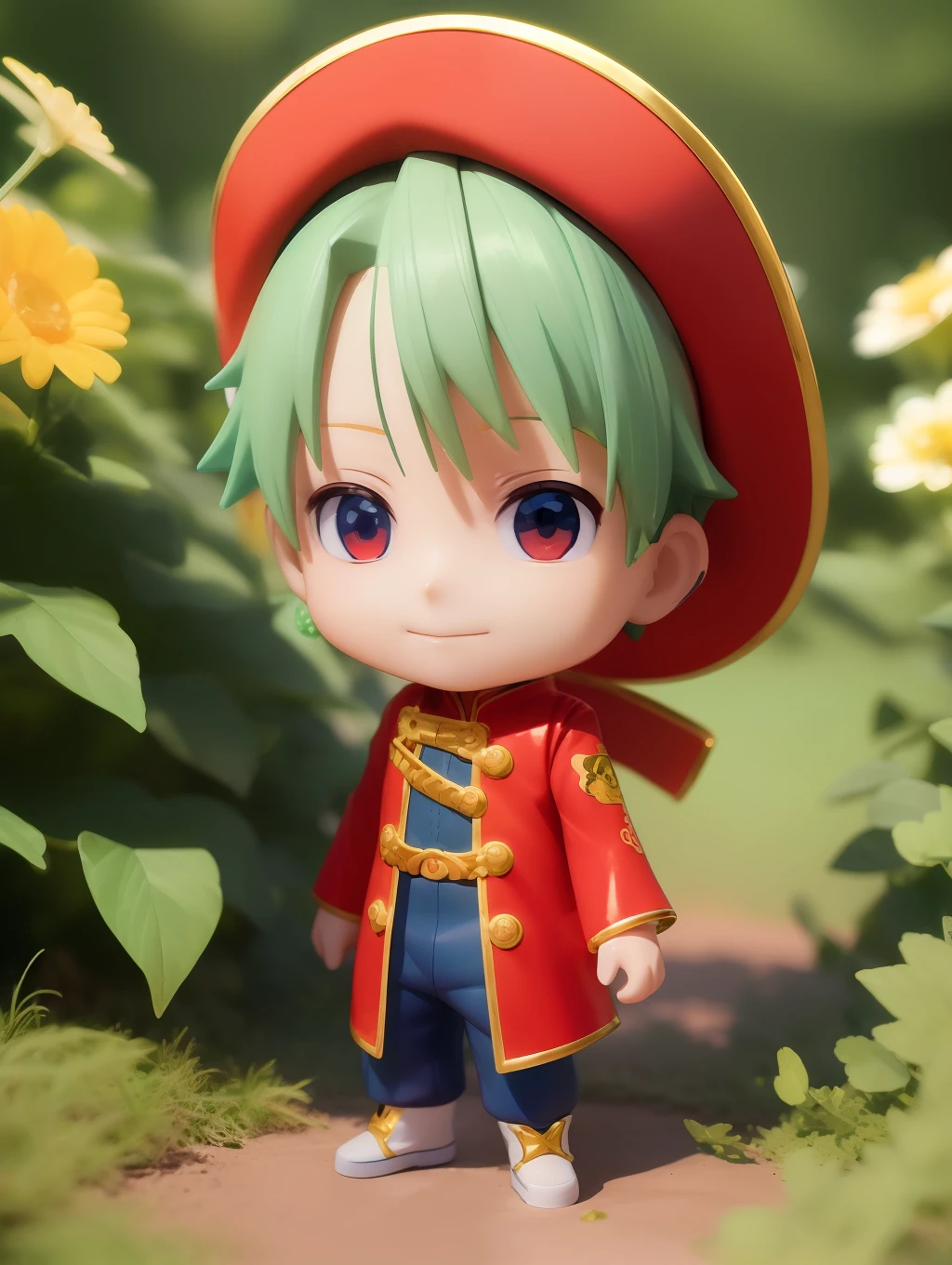 anime figurine of a boy with green hair and a red hat, style as nendoroid, water color nendoroid, nendoroid 3 d, nendoroid, stylized anime, super highly detailed, nendoroid eyes, highly detailed character, anime highly detailed, good smile company anime style, cute character, q posket, nendroid