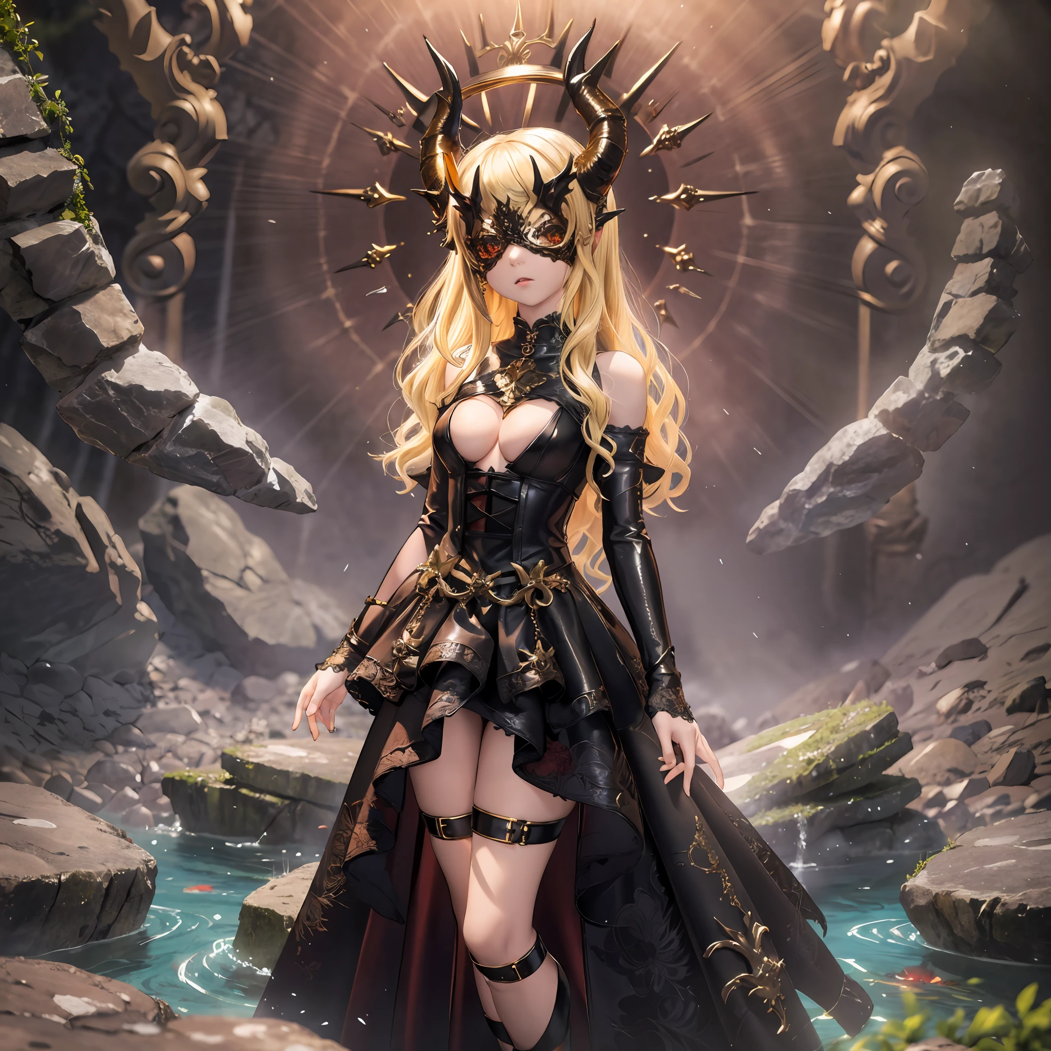 masterpiece, best quality, ultra-detailed, backlighting, 1girl wearing a halo mask, mid shot, full body, standing, long hair, disheveled hair, demon horns, (blonde hair), expressionless, gothic dress, lace trim, small breasts, bare shoulders, night, black vortex in the background, surrounded by rocks, sandrocks, water, bound