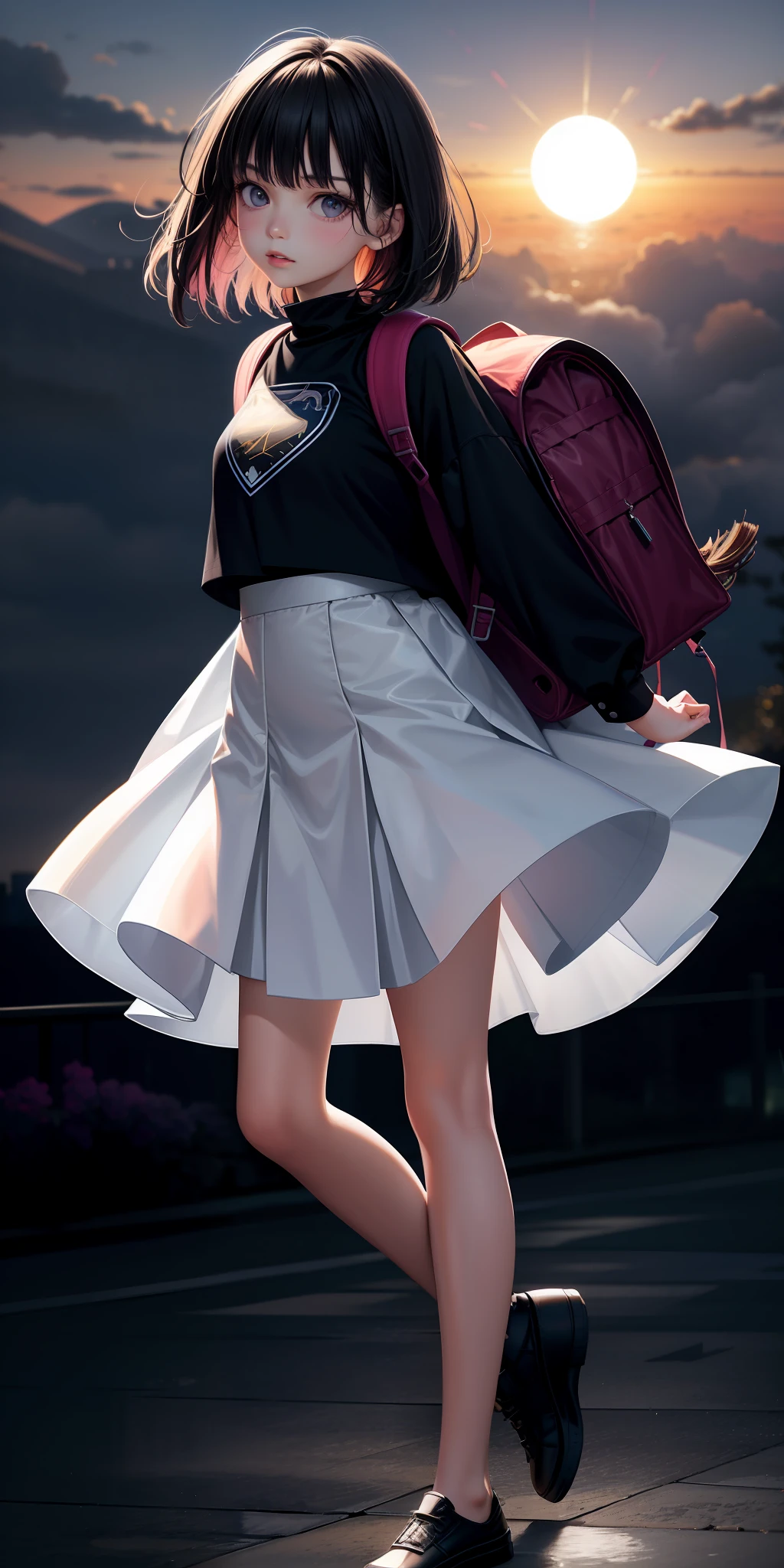 (Beautiful skyline, magnificent sky), (Dramatic and dramatic graphics, moving visuals), (Hanging North Star, colorful natural light), (1girl), (long-sleeved top, denim shorts, backpack), (dynamic pose: 1.3, black eyes, black hime-cut hair) [:0.8], (large prairie), (oncoming breeze), purple eyes, glowing eyes, cropped top, skirt, parted lips, blush, night, flowers, sun, sunlight, white skirt, short skirt, medium length hair, real, warm color, white short skirt, white clothes, background color light color, day environment, bright color background, saudi, marine, cute,