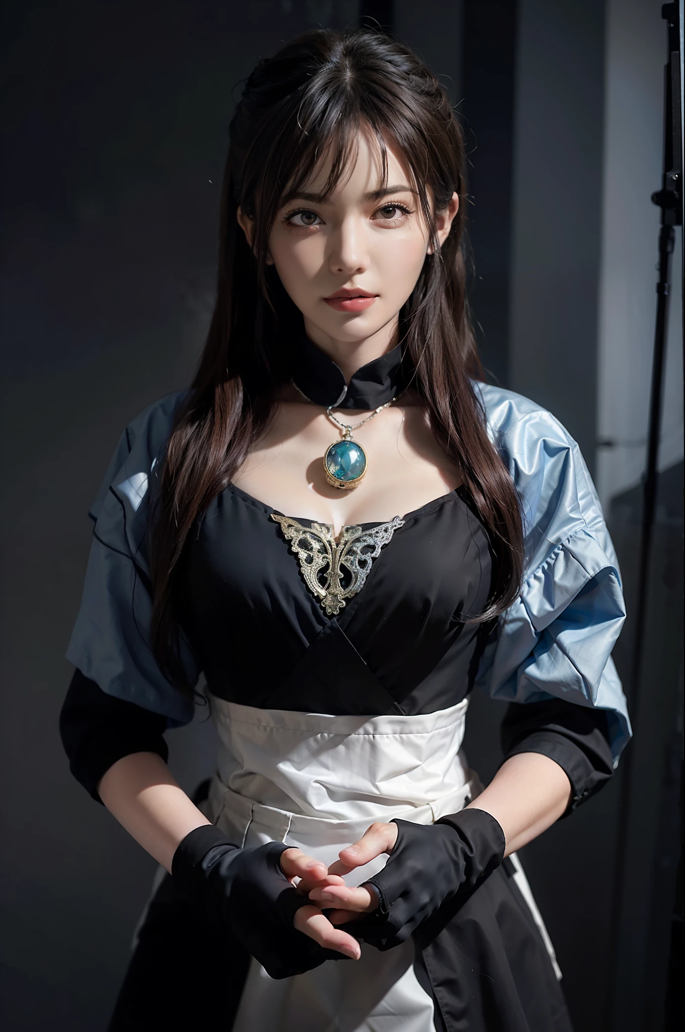 Portrait of a female hyperrealist by David Hockney and Alphonse Mucha, fantasy art, photorealistic, dynamic lighting, art station, poster, volumetric lighting, highly detailed face, 4k, award-winning, , 1girl, darkness, deep shadows, low key, cowboy shot, (official clothes: 1.4), Long hair, gray hair, maid clothes, erotic