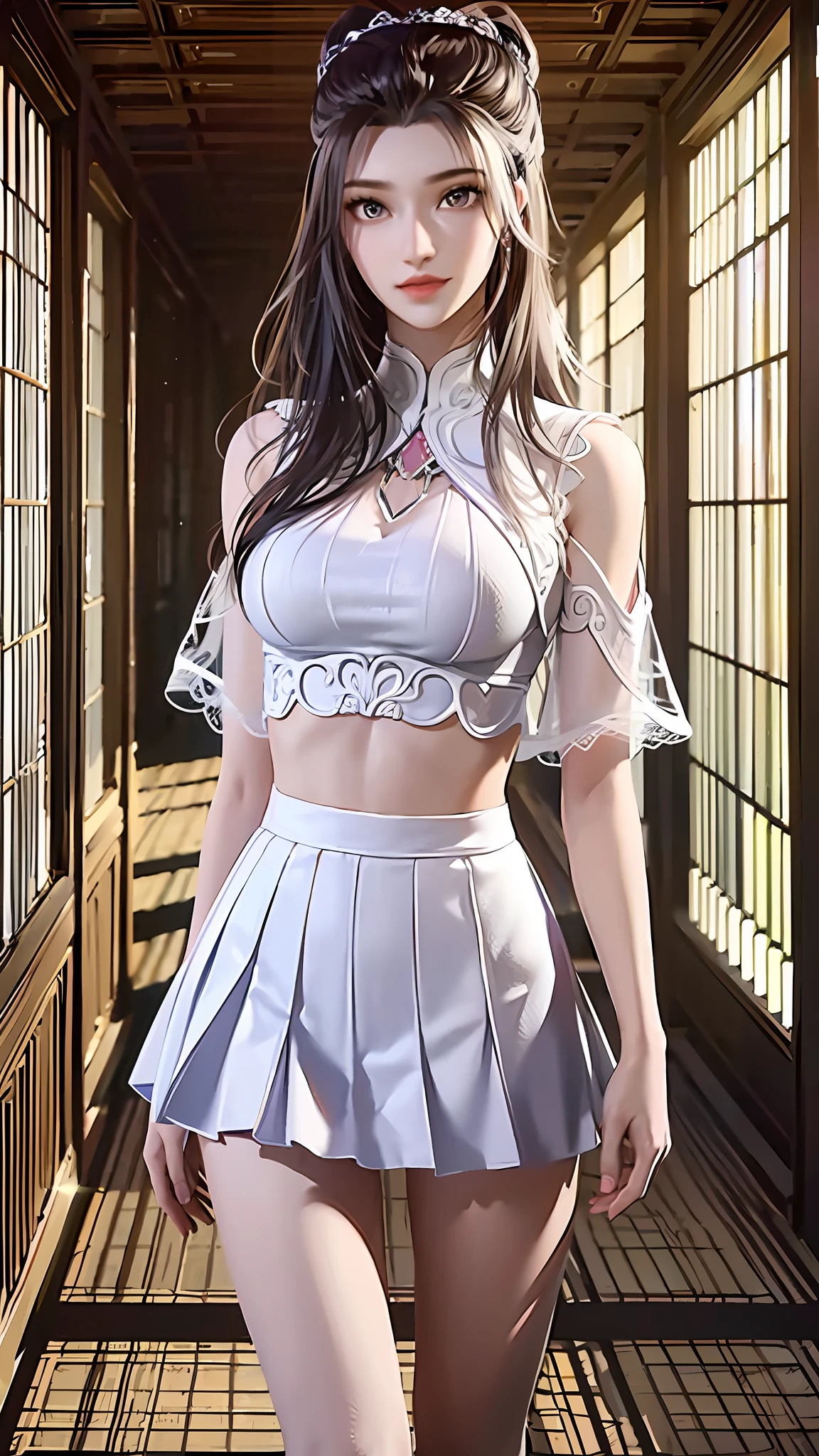 ((Dark Light, Top Quality, 8K, Masterpiece: 1.3)), (Focus: 1.2), (In Chinese, Casual Theme, Indoor: 1.5), (Beauty & Slim Abs: 1.4), ((Layered Hairstyle)), (White Shirt: 1.6), (White Lace Short Skirt: 1.3), Highly Detailed Face and Skin Texture, Whitening Skin, (Full Body: 1.4), White Clothes, Safe, Water Element