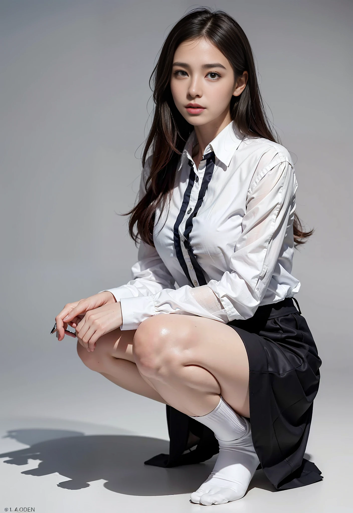 (Photoreal: 1.4), (Hyperrealistic: 1.4), (Realistic: 1.3), (Smooth Lighting: 1.05), (Improved Cinematic Lighting Quality: 0.9), 32K, 1 female, 24 year old female, Realistic lighting, Backlight, Face Lights, Ray Tracking, (Bright Light: 1.2), (Quality Improvement: 1.4), ( Top quality realistic textured skin: 1.4), fine detailed eyes, detailed face, fine quality eyes, dark brown eyes, (tired, sleepy and satisfied: 0.0), pale lighting, white background, white blouse, dark blue tight skirt, dark brown hair, squatting holding knees, white silk socks, pumps