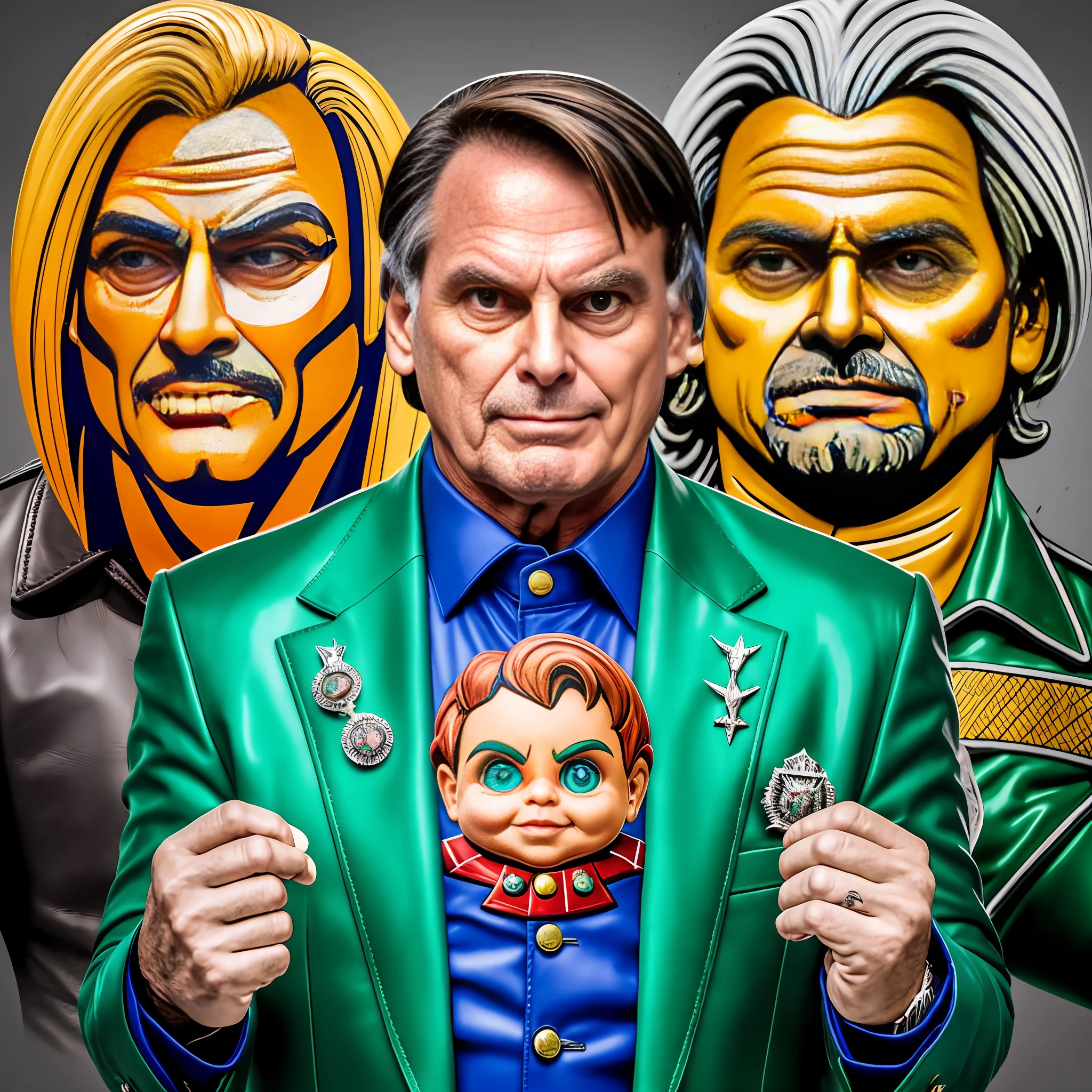 "Em uma cena surreal, Bolsonaro joga xadrez com um blazer de couro brilhoso decorado com broches de metal, enquanto do lado esquerdo de seu rosto, a metade se assemelha a um boneco Chucky horripilante e aterrorizante - Quem é essa figura enigmática?" (In one surreal scene, Bolsonaro wears a shiny leather jacket and hangs a metal brooch on it, playing chess, while his left half of his face resembles a creepy Chucky doll – who is this mysterious character?) )