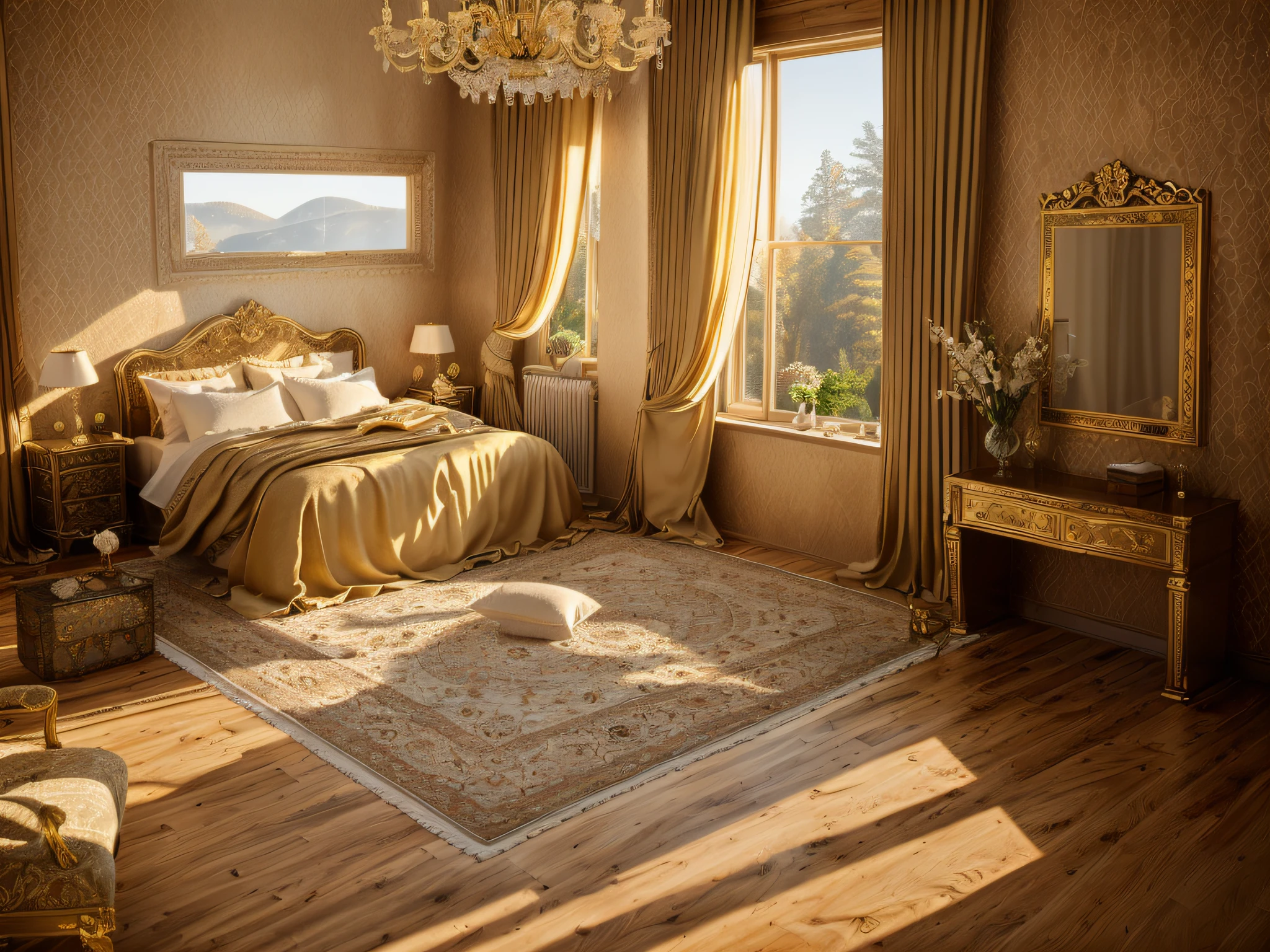 Authentic neoclassic masterpiece - a highly detailed and best quality rendering of a cozy bedroom interior with a comfy bed, exquisite rug, wooden flooring, elegant window with sheer curtains, and sun-kissed daylight streaming in, all rendered with the industry-leading vray renderer.