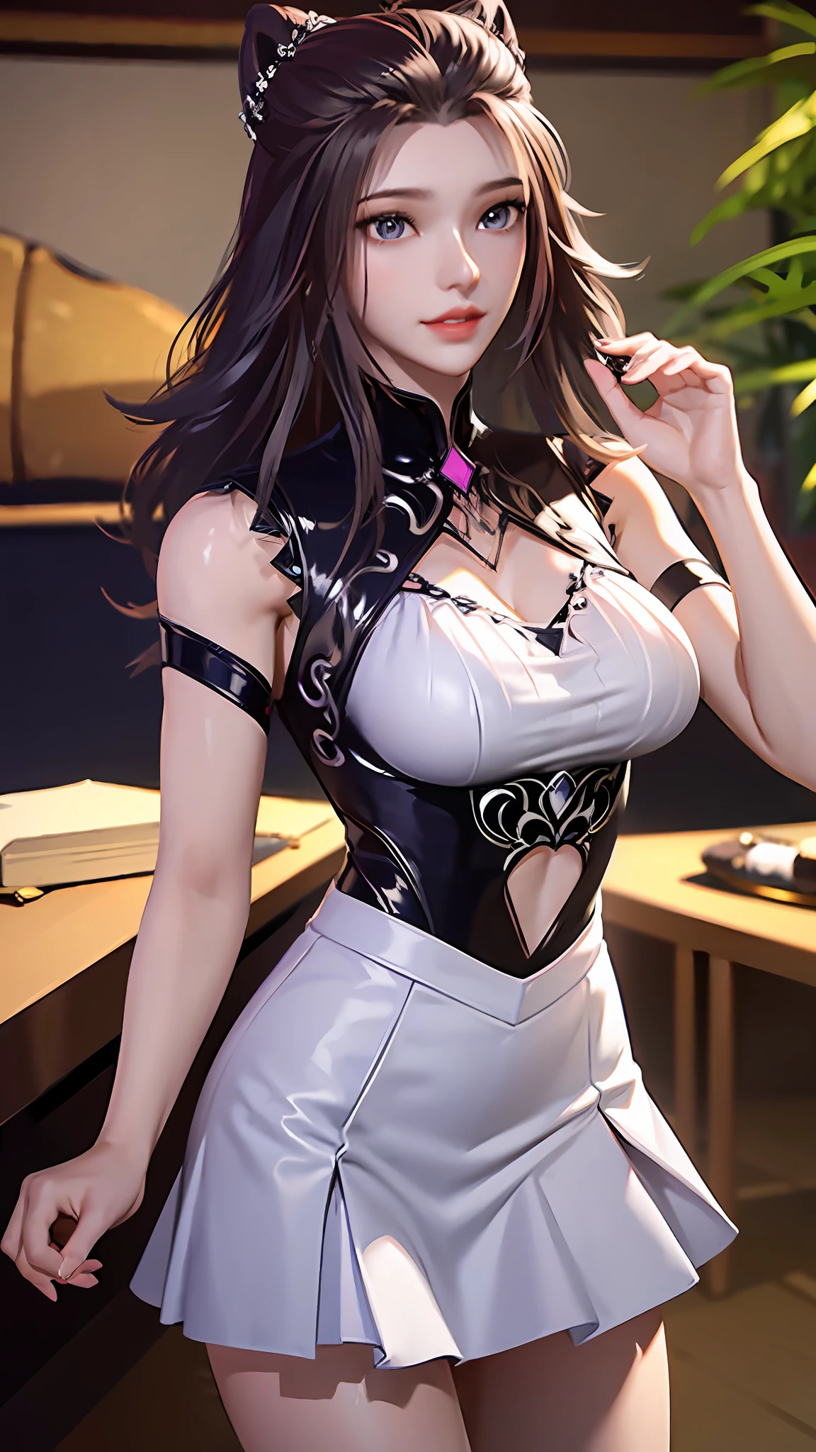 ((Dark Light, Top Quality, 8K, Masterpiece: 1.3)), (Focus: 1.2), (In Chinese, Casual Theme, Indoor: 1.5), (Beauty & Slim Abs: 1.4), ((Layered Hairstyle)), (White Shirt: 1.6), (White Lace Short Skirt: 1.3), Highly Detailed Face and Skin Texture, Whitening Skin, (Full Body: 1.4), White Clothes