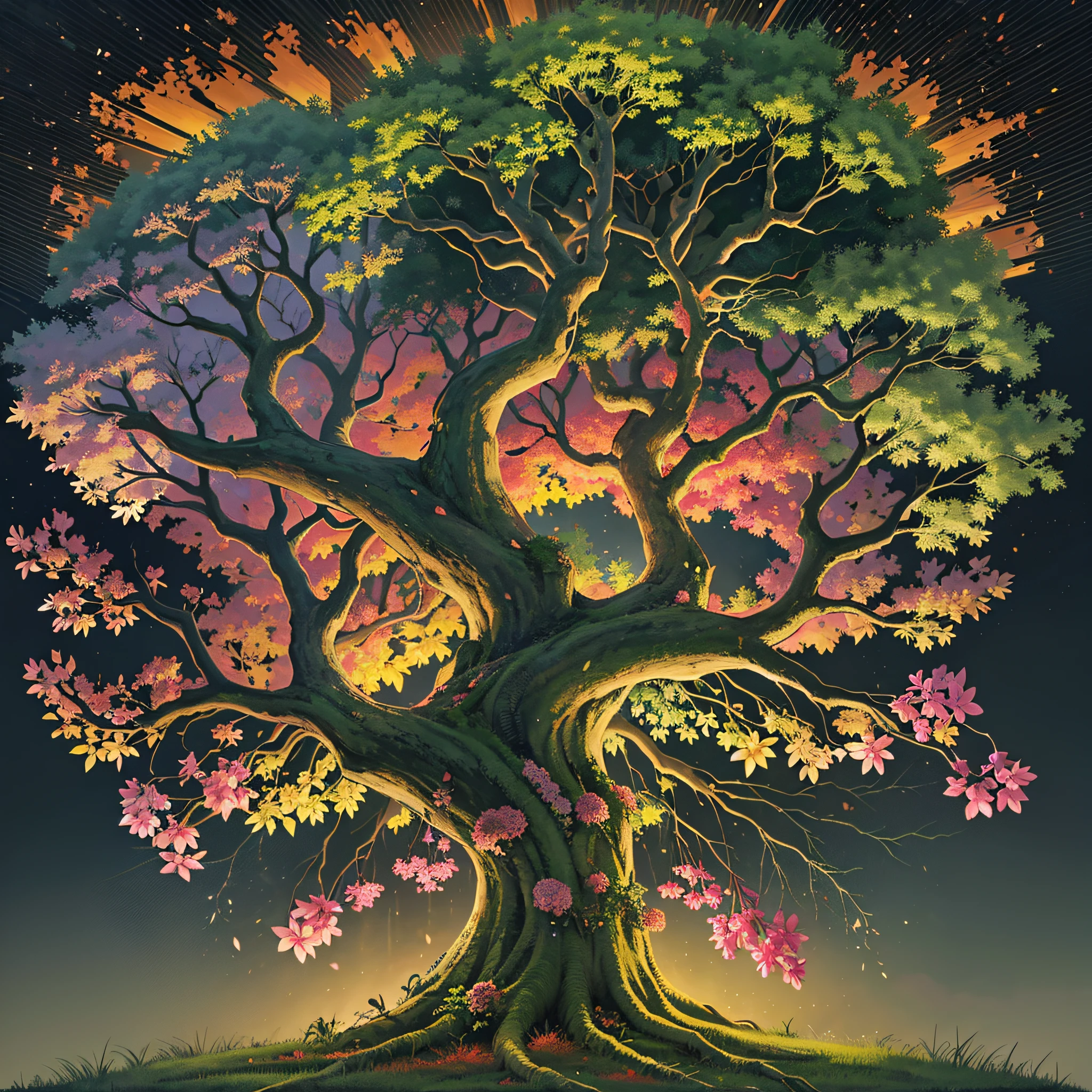 tree of life, leafy tree, thick trunk, with colorful leaves and flowers, dark background, nocturnal, gray.