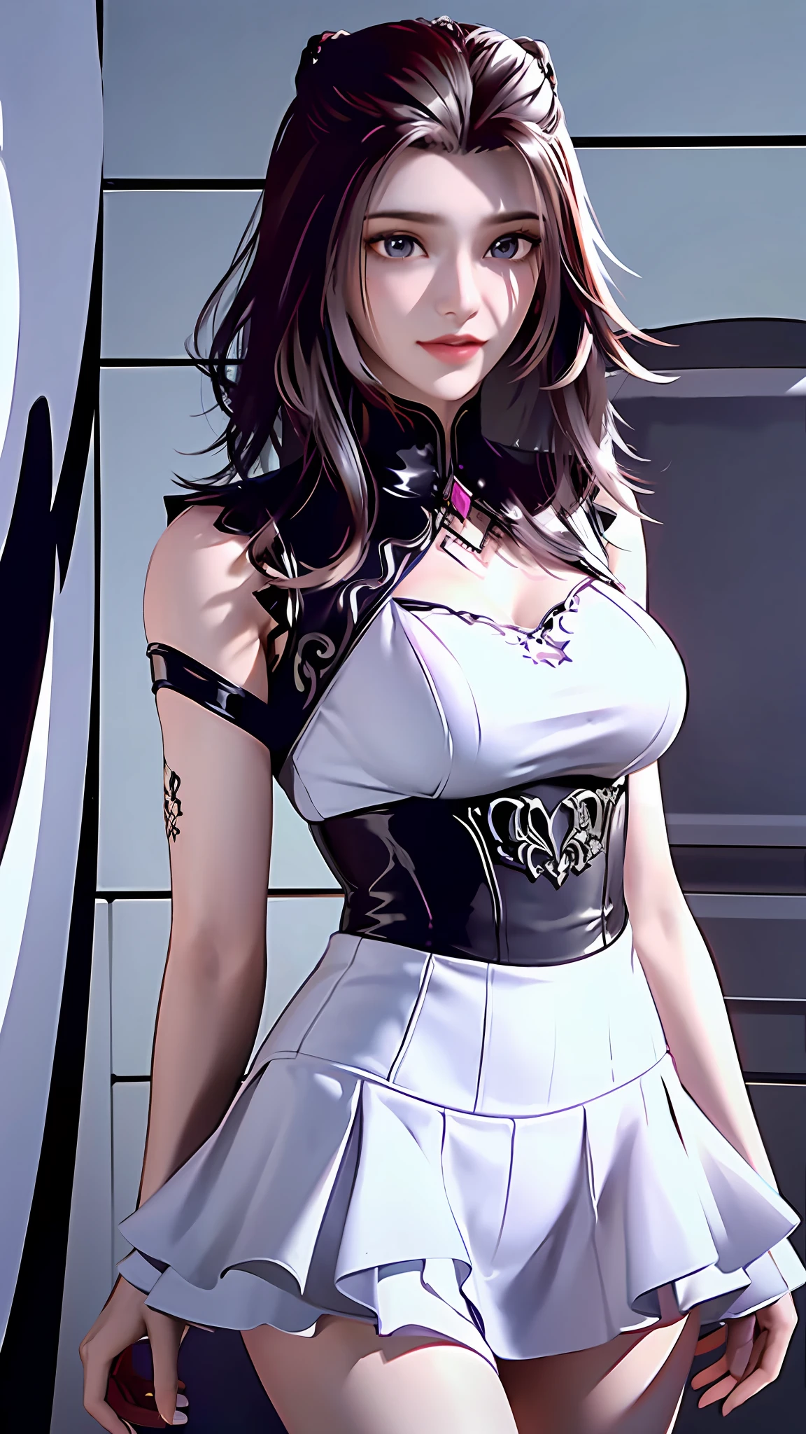 ((Dark Light, Top Quality, 8K, Masterpiece: 1.3)), (Focus: 1.2), (In Chinese, Casual Theme, Indoor: 1.5), (Beauty & Slim Abs: 1.4), ((Layered Hairstyle)), (White Shirt: 1.6), (White Lace Short Skirt: 1.3), Highly Detailed Face and Skin Texture, Whitening Skin, (Full Body: 1.4), White Clothes