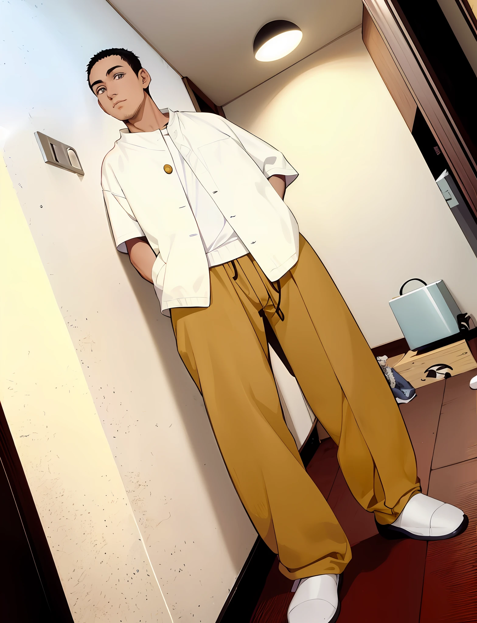 there is a cartoon of a man standing in a hallway, kentaro miura manga art style, kentaro miura manga style, !!full body portrait!!, kentaro miura art style, kentaro miura style, shigenori soejima illustration, miura kentaro style, manga style of kentaro miura, kentaro miura art