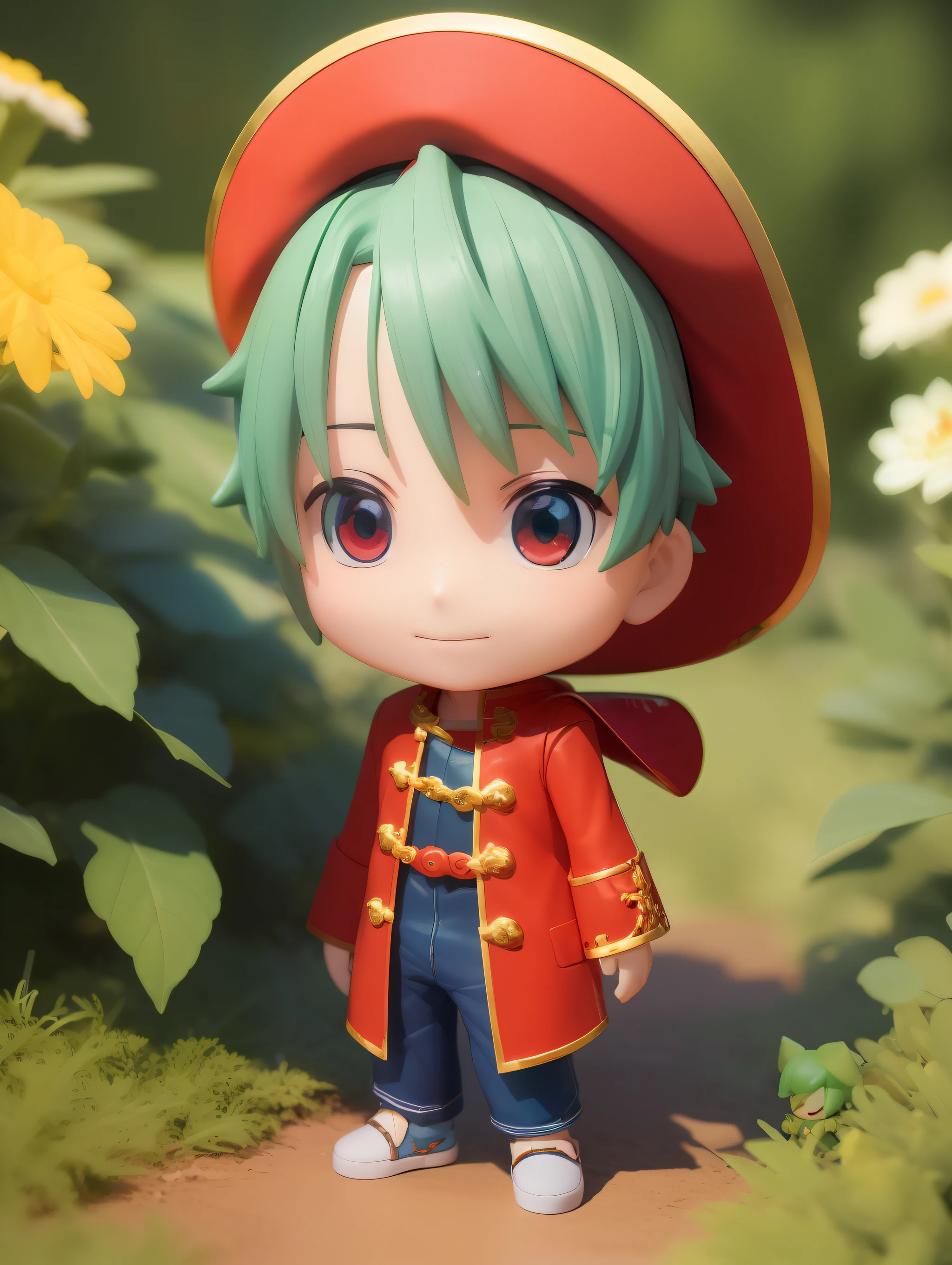 anime figurine of a boy with green hair and a red hat, style as nendoroid, water color nendoroid, nendoroid 3 d, nendoroid, stylized anime, super highly detailed, nendoroid eyes, highly detailed character, anime highly detailed, good smile company anime style, cute character, q posket, nendroid