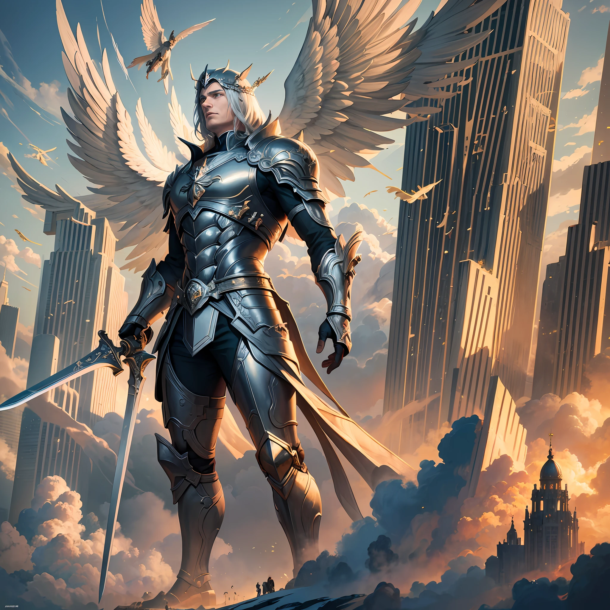 (work of art), (best quality: 1.3), An epic painting of a man on a hill looking at a powerful giant angel with a sword about to destroy a city, make the painting highly detailed, utilize volumetric and cinematic lighting, use a highly large scale and a super 8k resolution